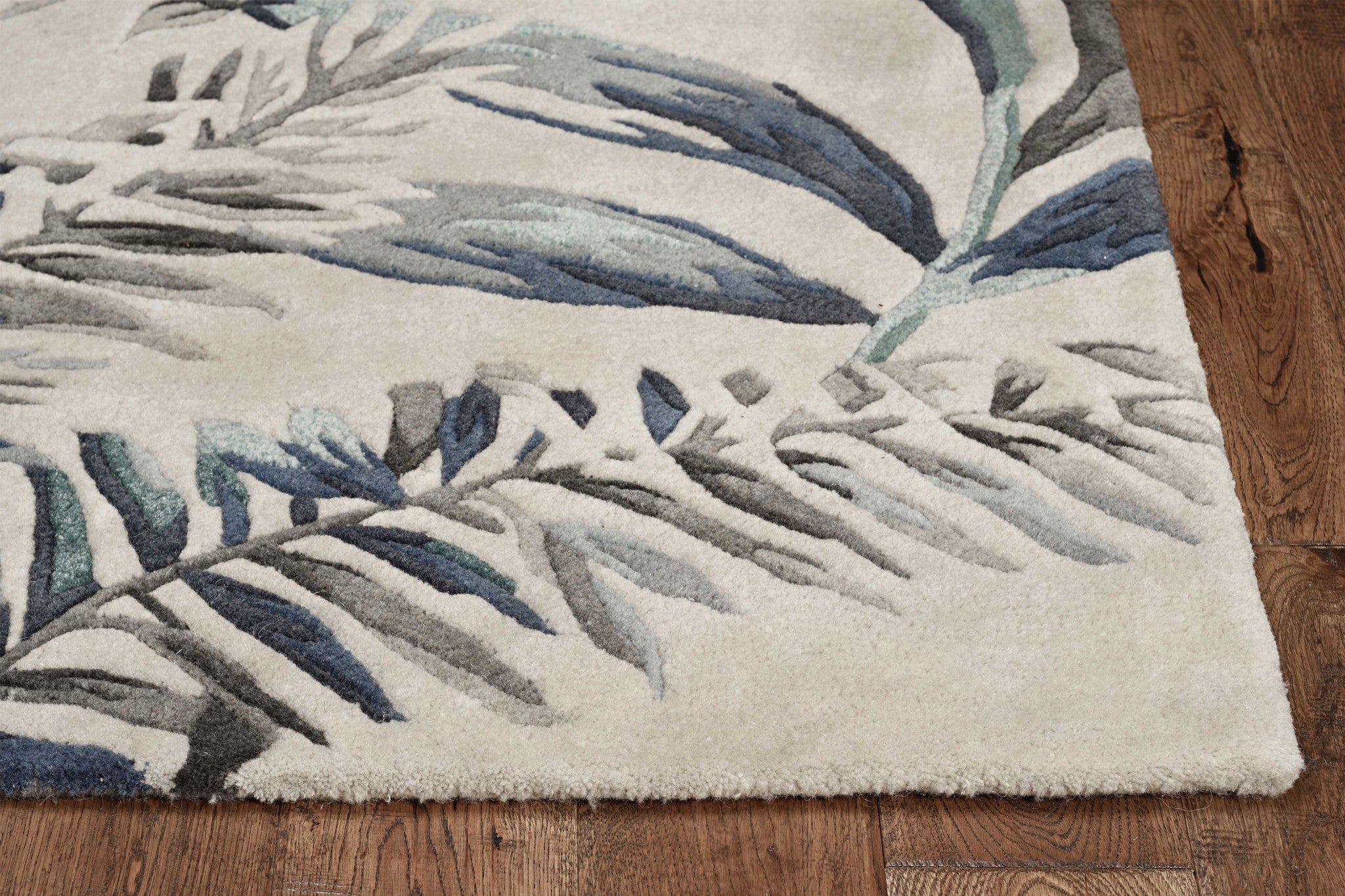 8' Grey Blue Hand Tufted Tropical Leaves Indoor Runner Rug Default Title