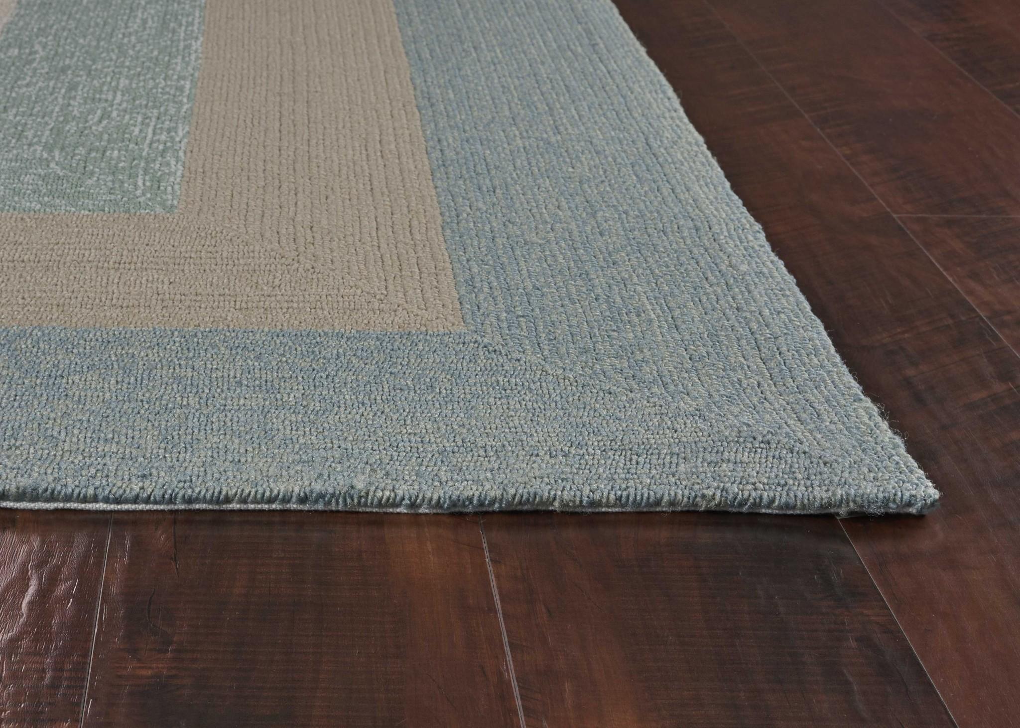 7'x10' Beige Spa Blue Hand Hooked UV Treated Bordered Indoor Outdoor Area Rug