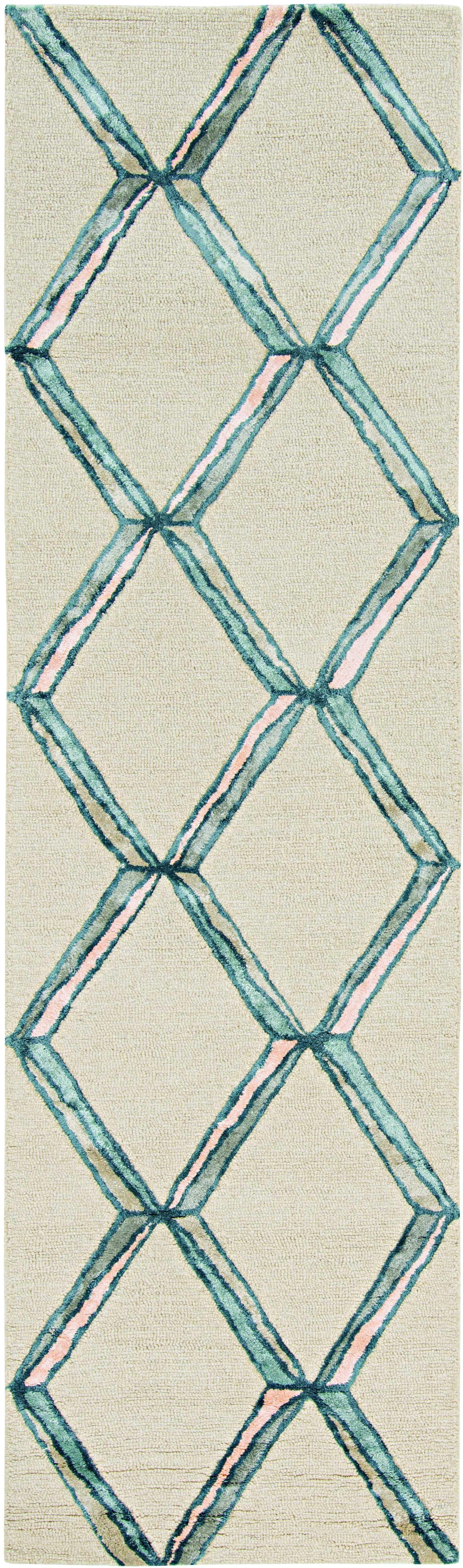 2' x 8' Cream Geometric Diamond Wool Runner Rug