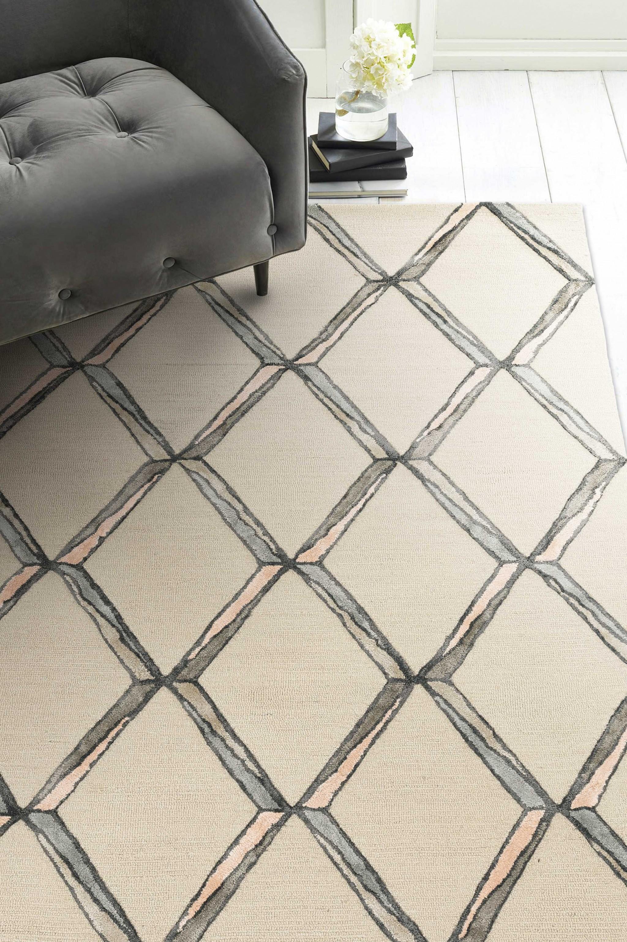 5' x 7' Cream Geometric Diamond Wool Indoor Area Rug Default Title