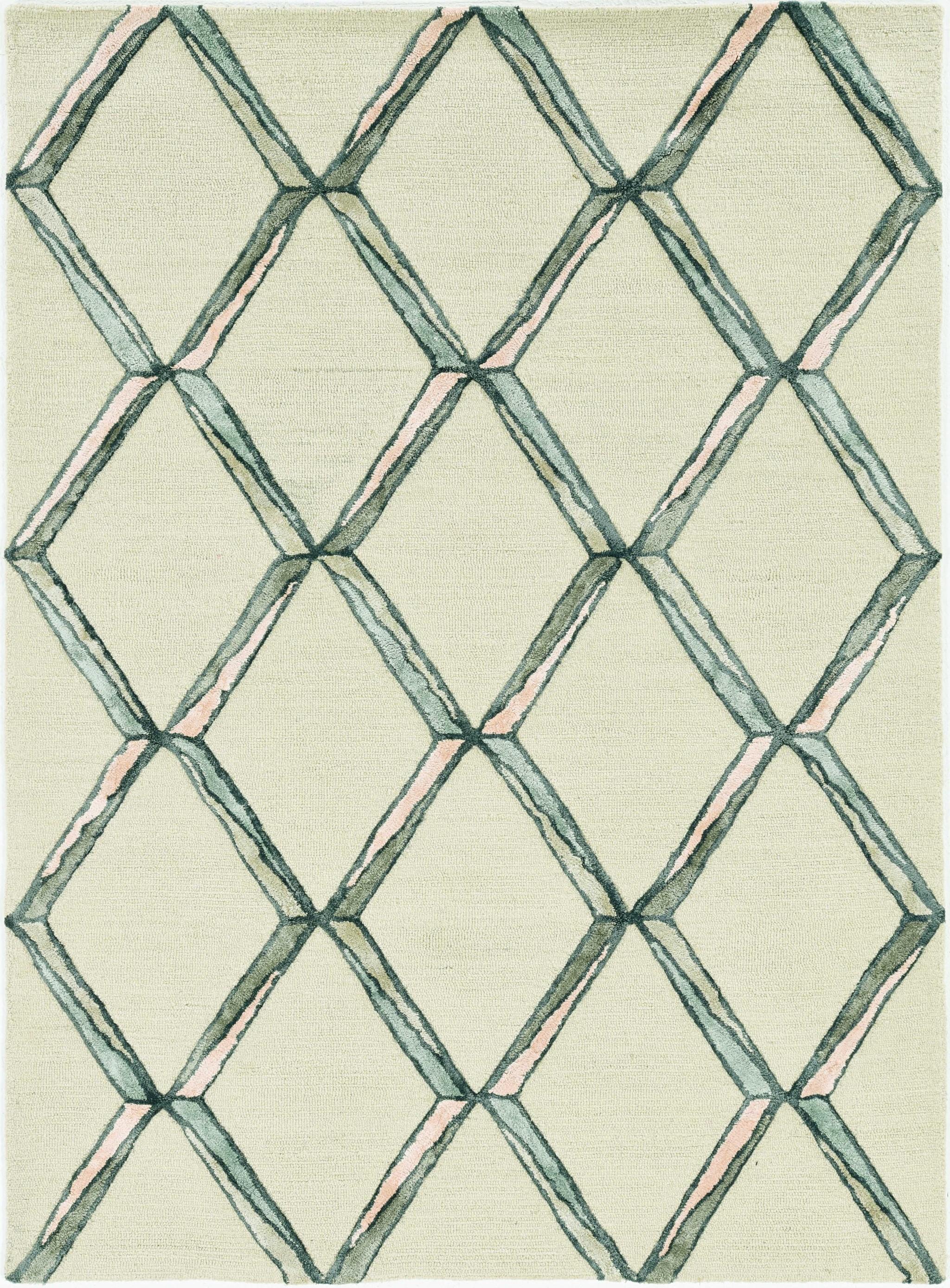 5' x 7' Cream Geometric Diamond Wool Indoor Area Rug