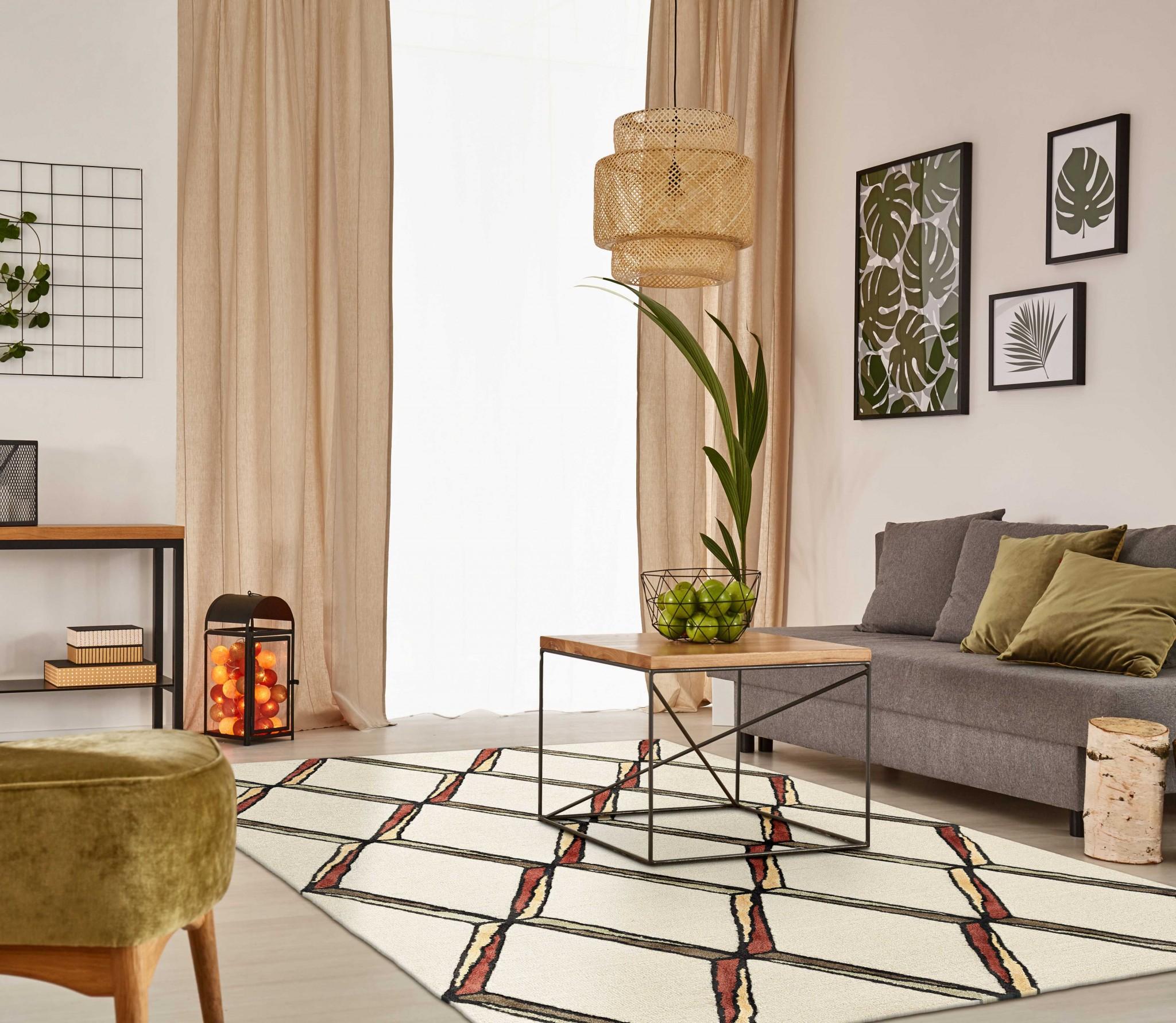 5' x 7' Cream or Gold Geometric Diamond Wool Indoor Area Rug