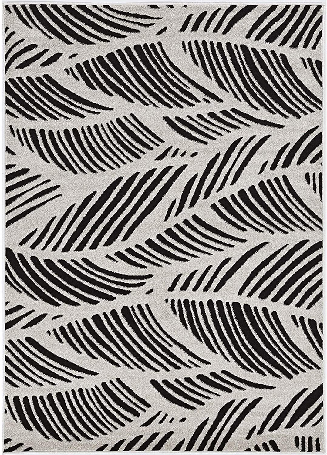 8'x11' Black White Machine Woven UV Treated Tropical Palm Leaves Indoor Outdoor Area Rug