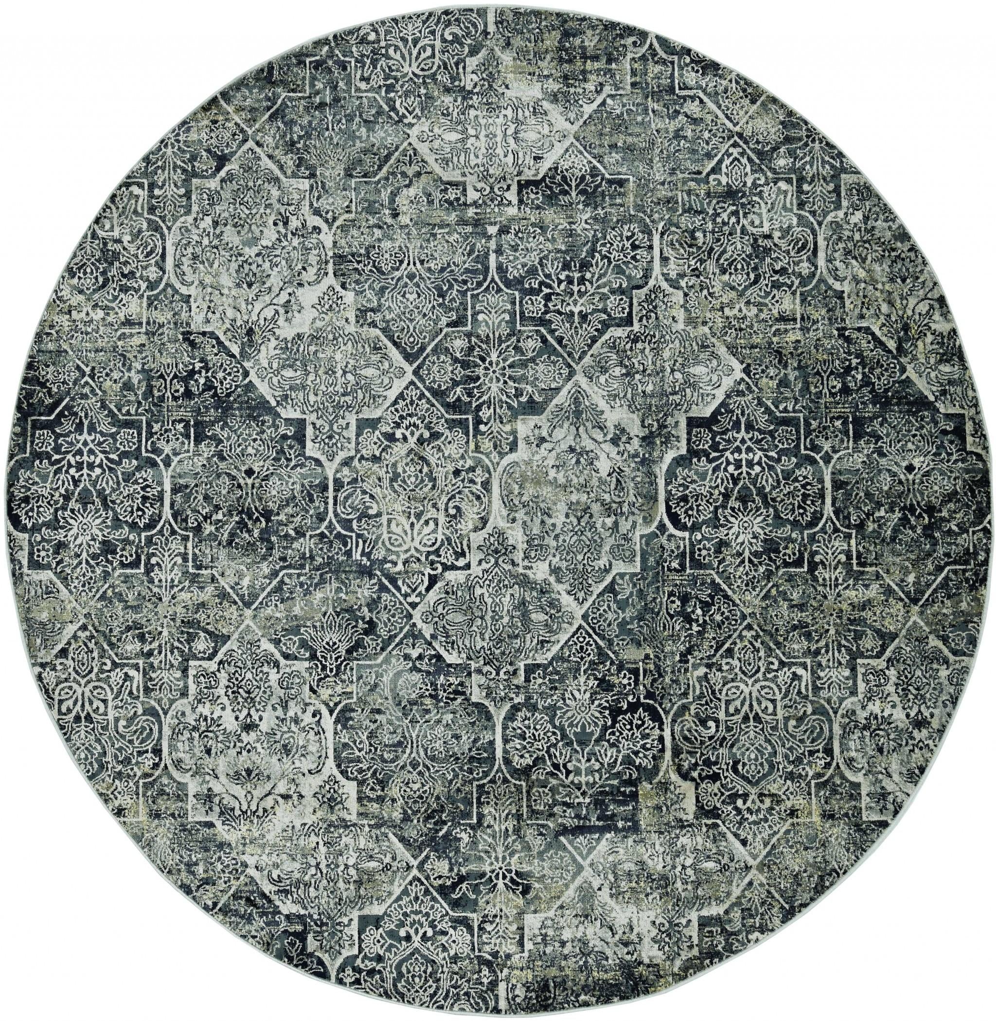 8' Grey Machine Woven Traditional Quatrefoil Round Indoor Area Rug Default Title