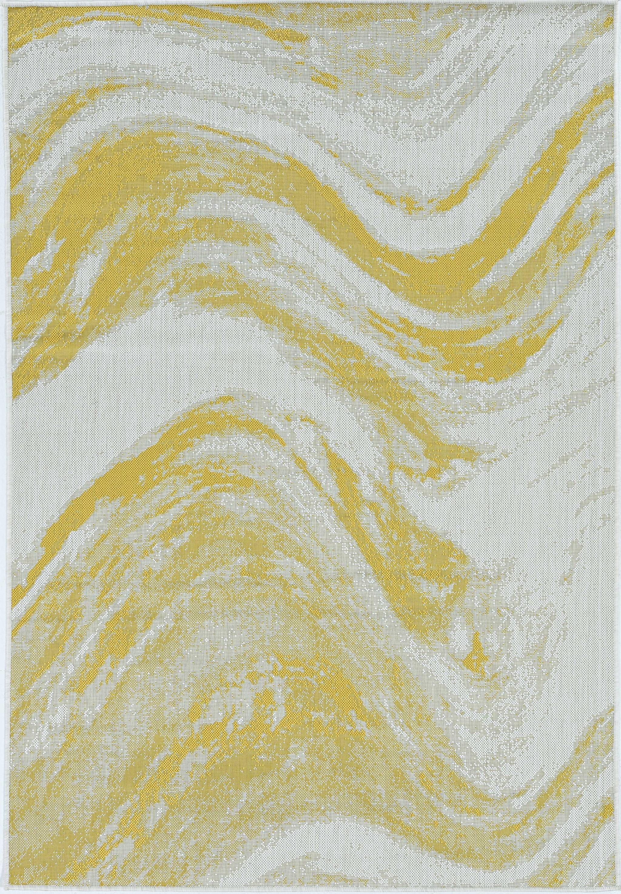 5'x7' Ivory Gold Machine Woven UV Treated Abstract Waves Indoor Outdoor Area Rug