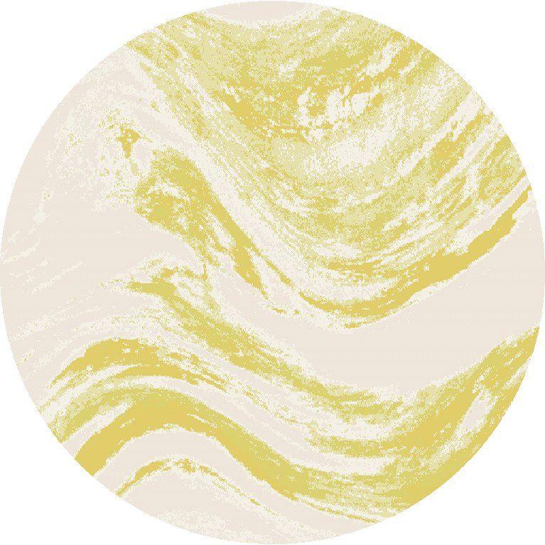 8' Ivory Gold Machine Woven Abstract Waves Round Indoor Outdoor Area Rug