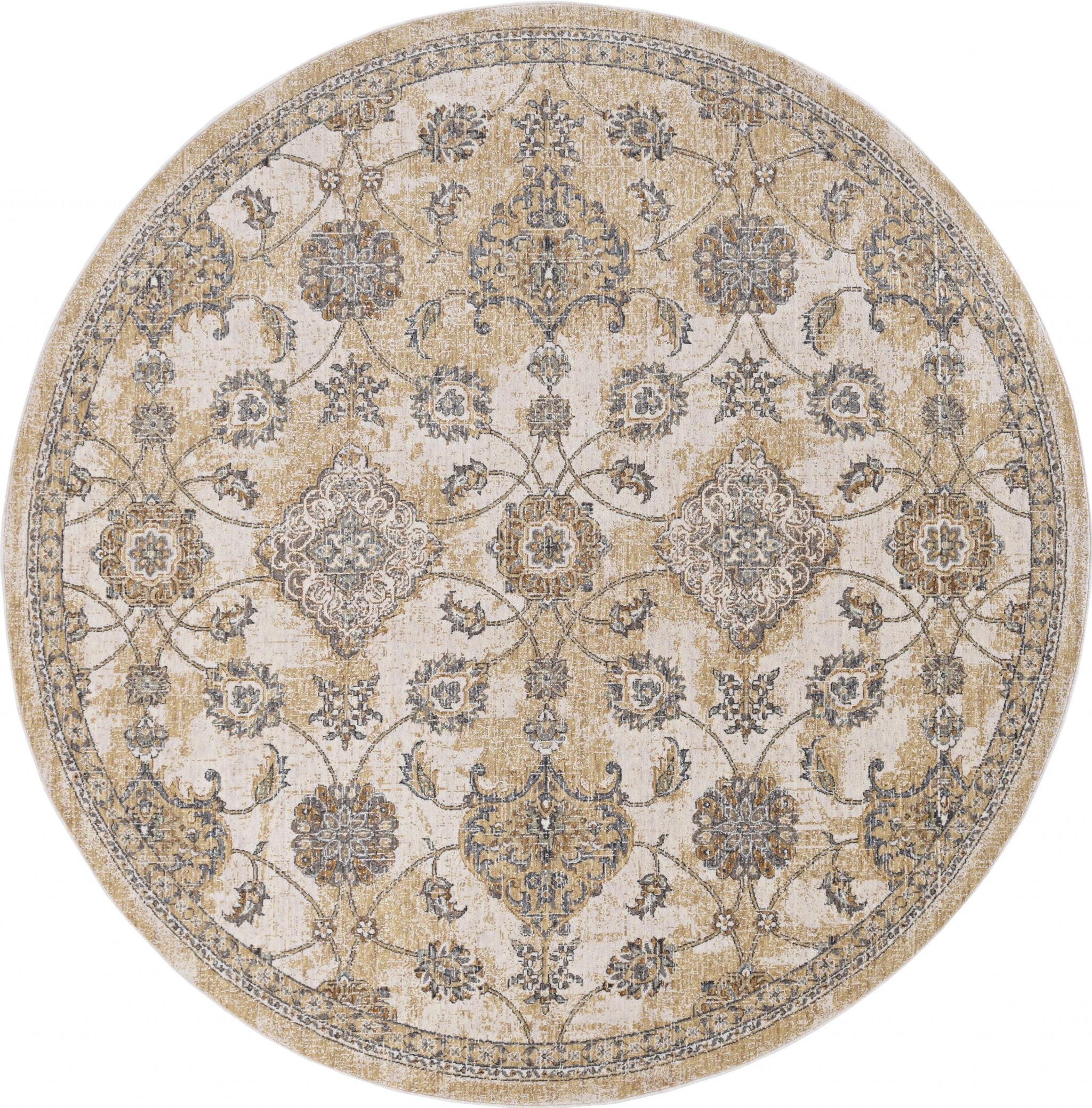 9' Ivory Sand Machine Woven Bordered Floral Vines Round Indoor Area Rug