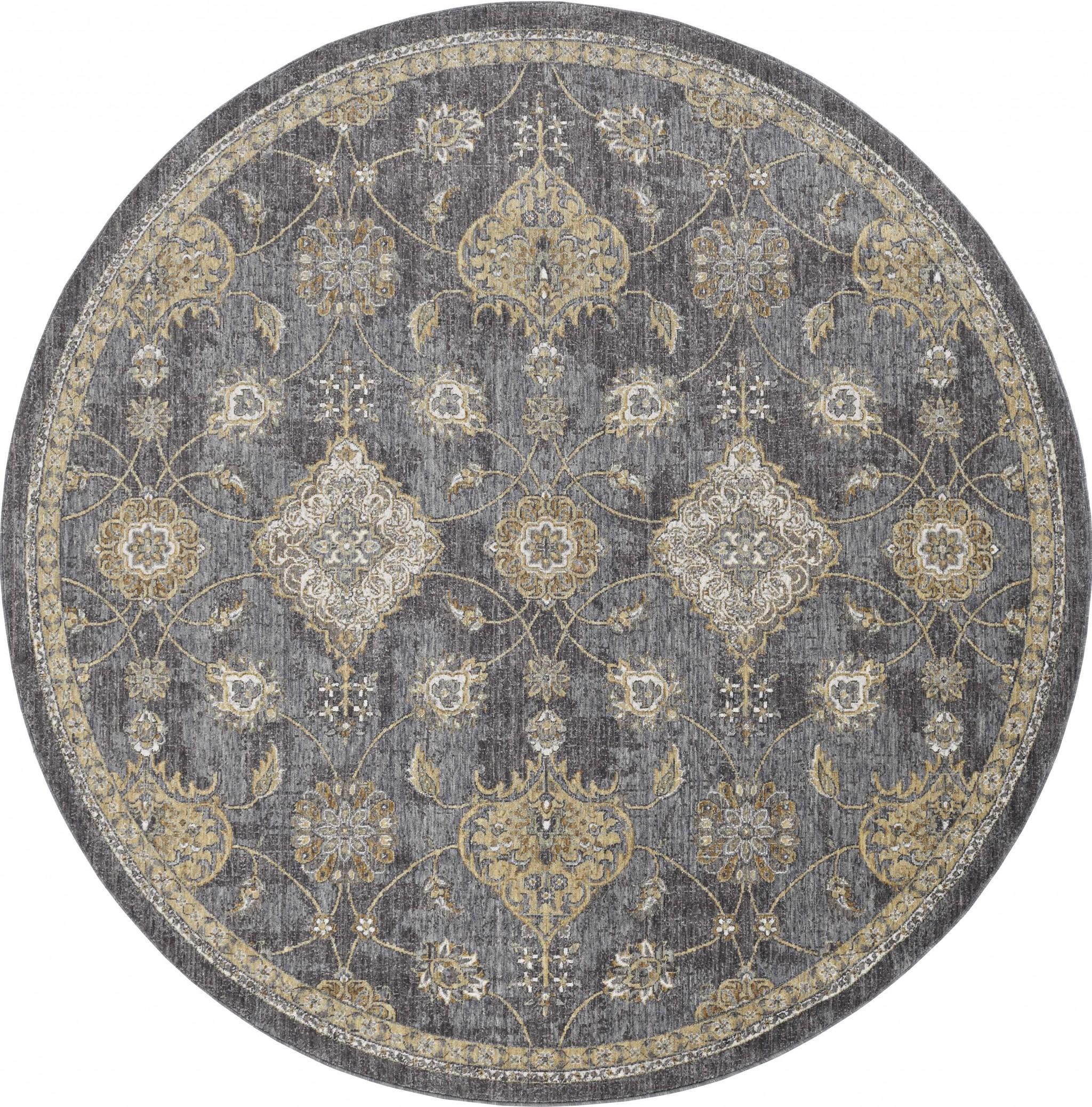 9' Slate Grey Machine Woven Bordered Floral Vines Round Indoor Area Rug