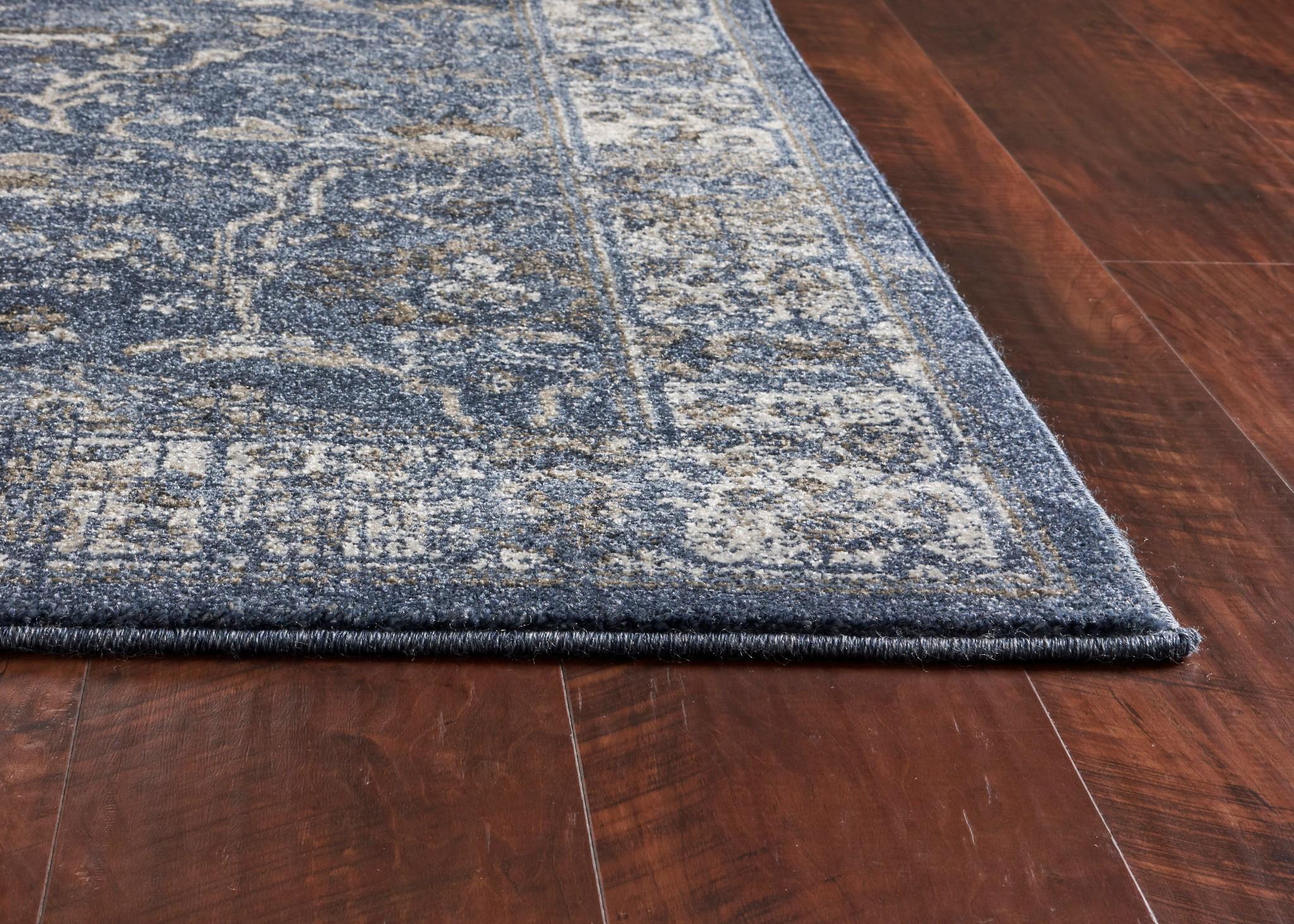 8' Denim Blue Machine Woven Bordered Floral Vines Indoor Runner Rug Default Title