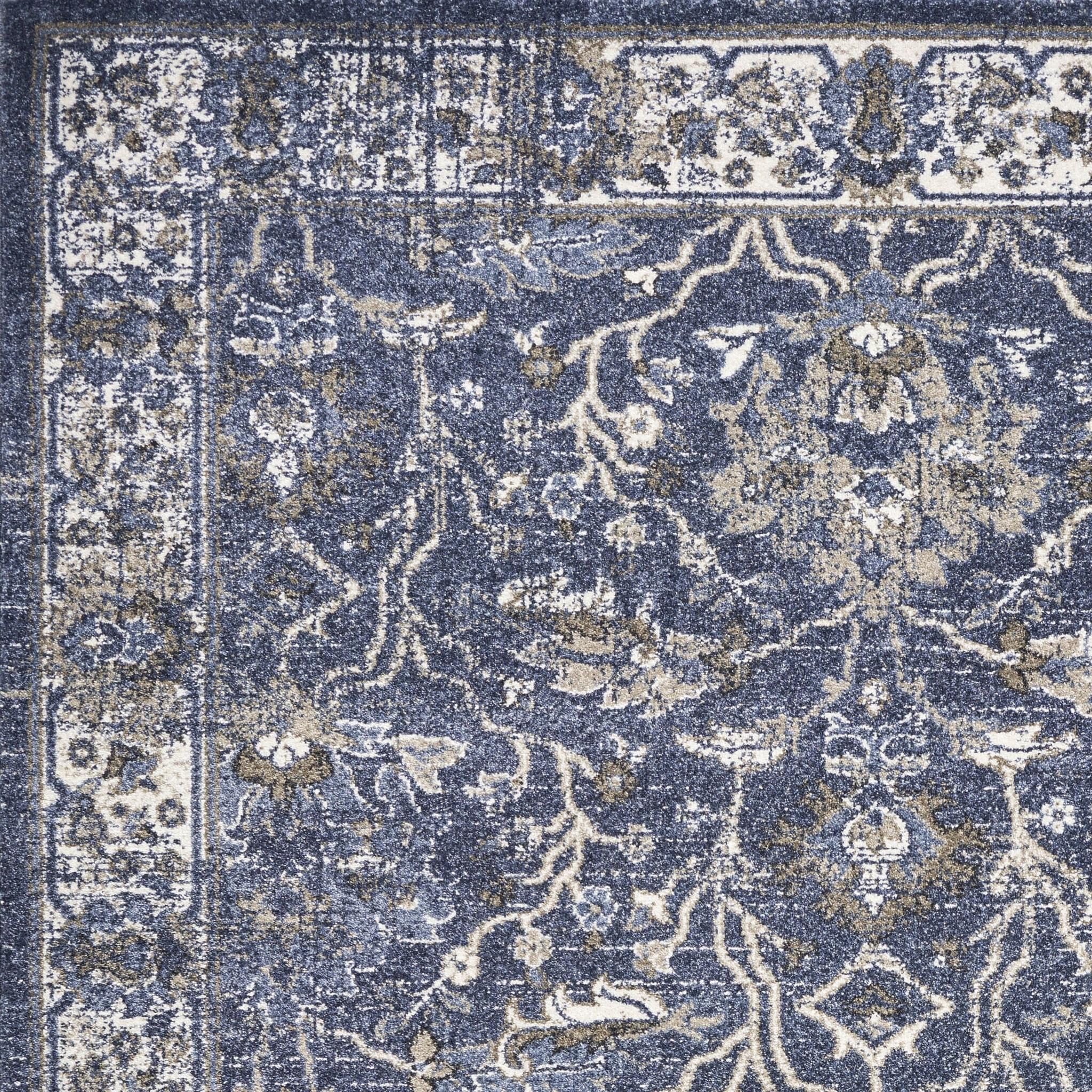 8' Denim Blue Machine Woven Bordered Floral Vines Indoor Runner Rug