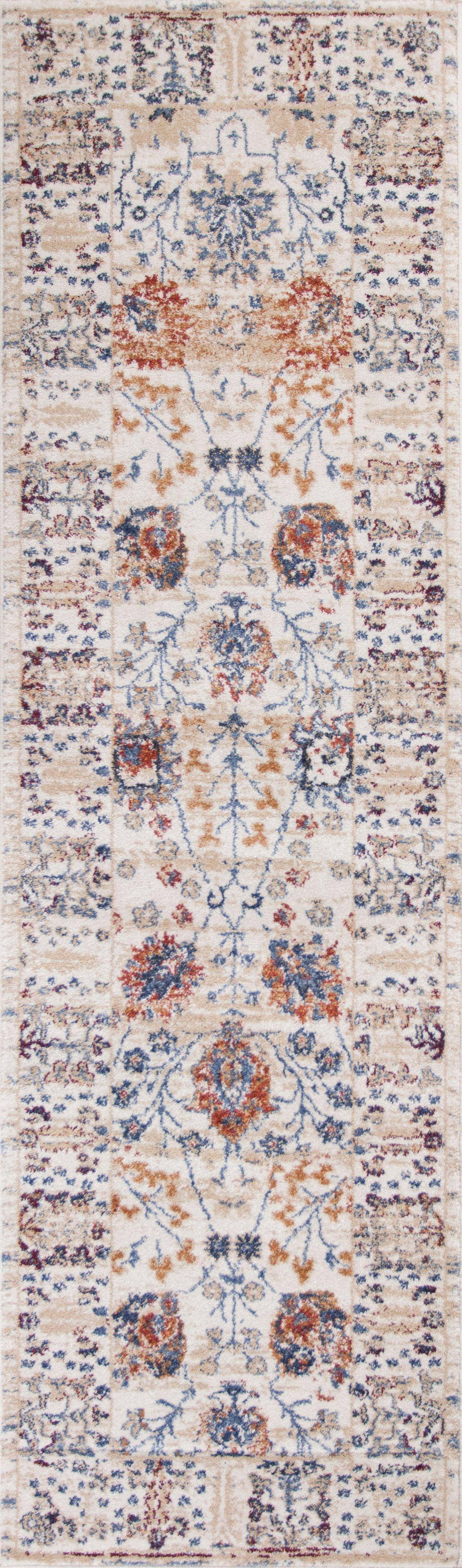 8' Beige Machine Woven Bordered Floral Indoor Runner Rug Default Title