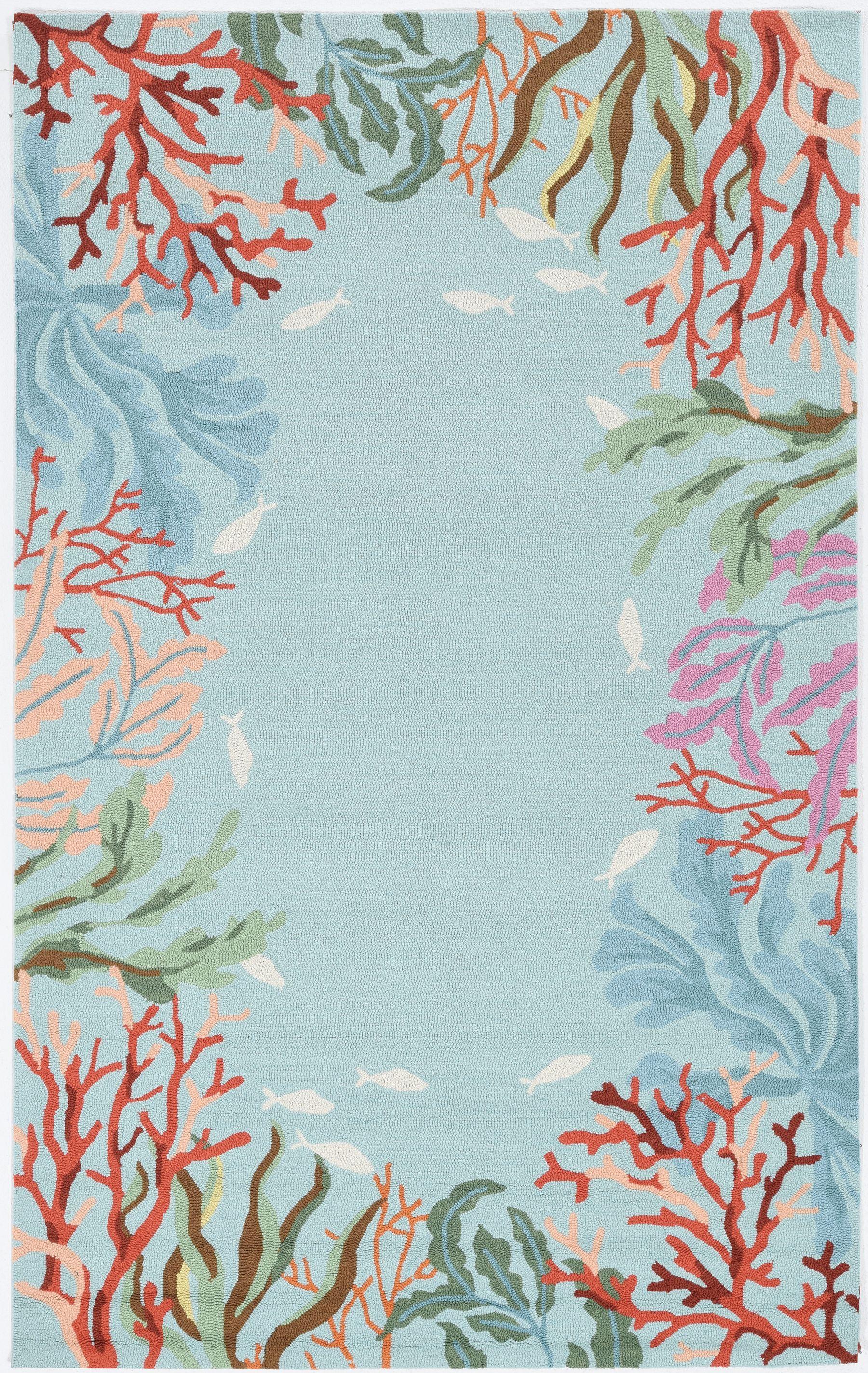 2'x4' Blue Hand Hooked Bordered Coral Reef Indoor Accent Rug Default Title