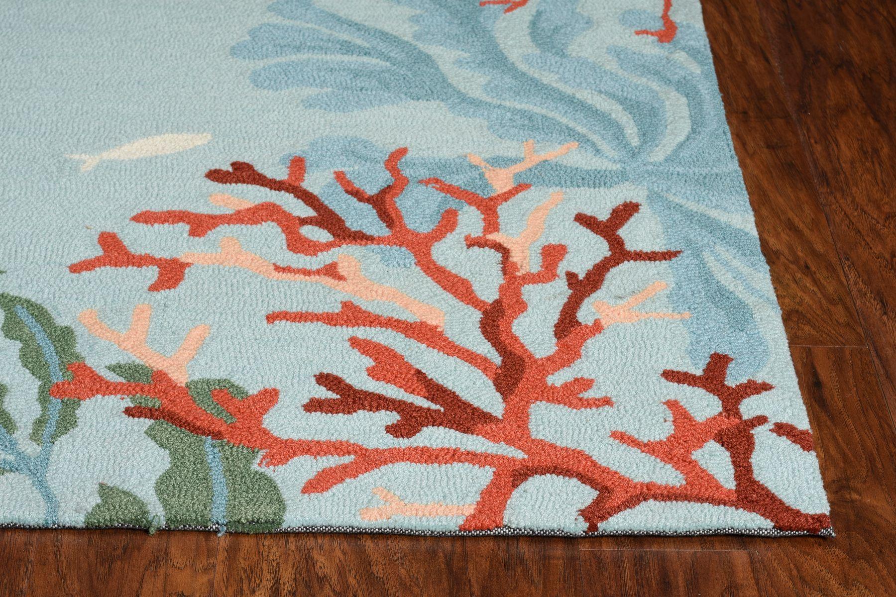 2'x4' Blue Hand Hooked Bordered Coral Reef Indoor Accent Rug