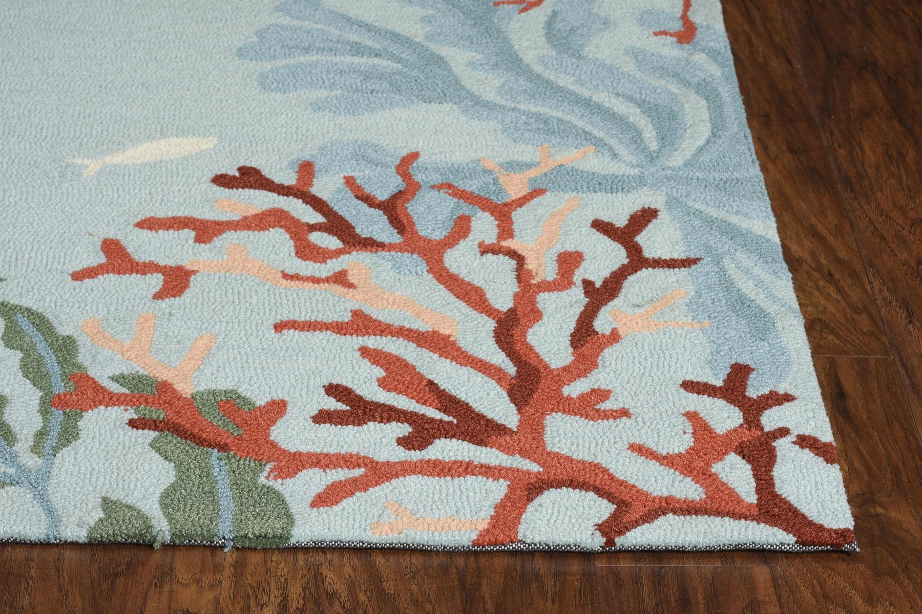 5'x8' Blue Hand Hooked Bordered Coral Reef Indoor Area Rug Default Title