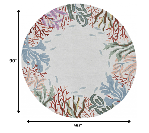 8' Ivory Hand Hooked Bordered Coral Reef Round Indoor Area Rug