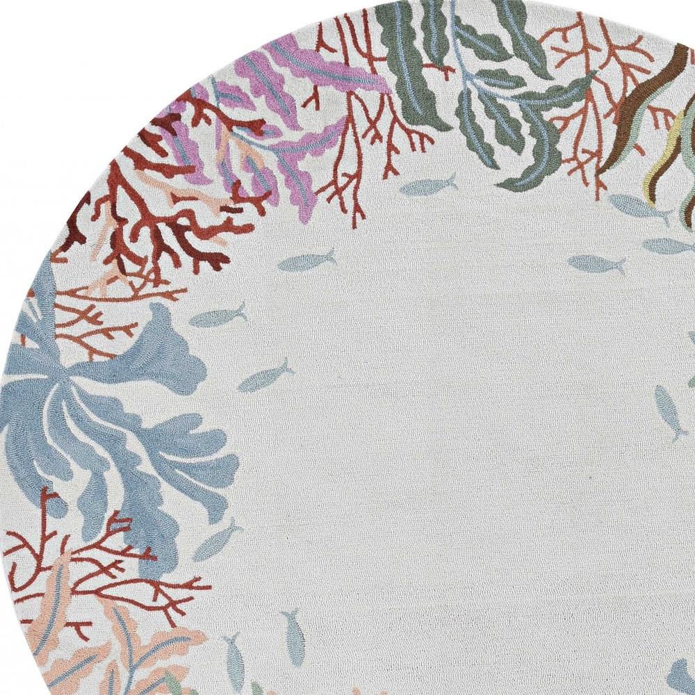 8' Ivory Hand Hooked Bordered Coral Reef Round Indoor Area Rug