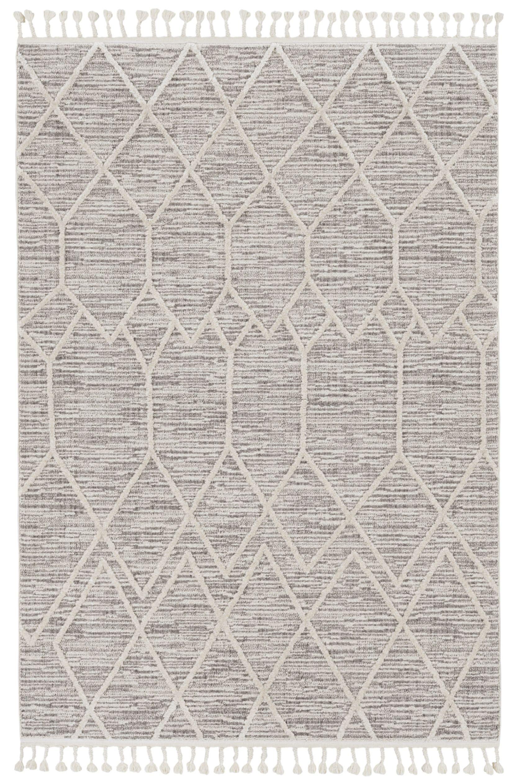 5'x8' Ivory Grey Machine Woven Abstract With Fringe Indoor Area Rug