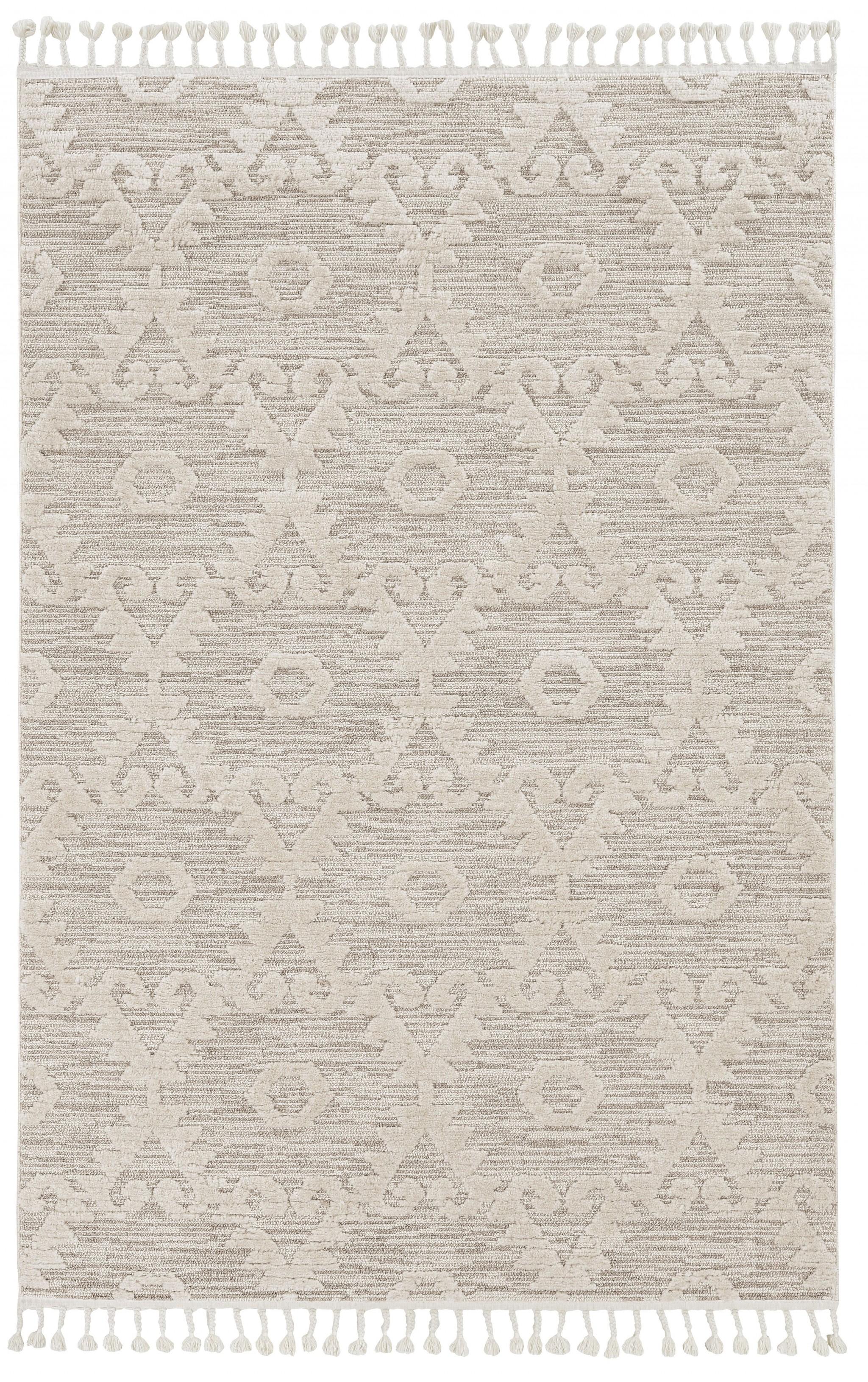 12'x15' Ivory Beige Machine Woven Geometric With Fringe Indoor Area Rug