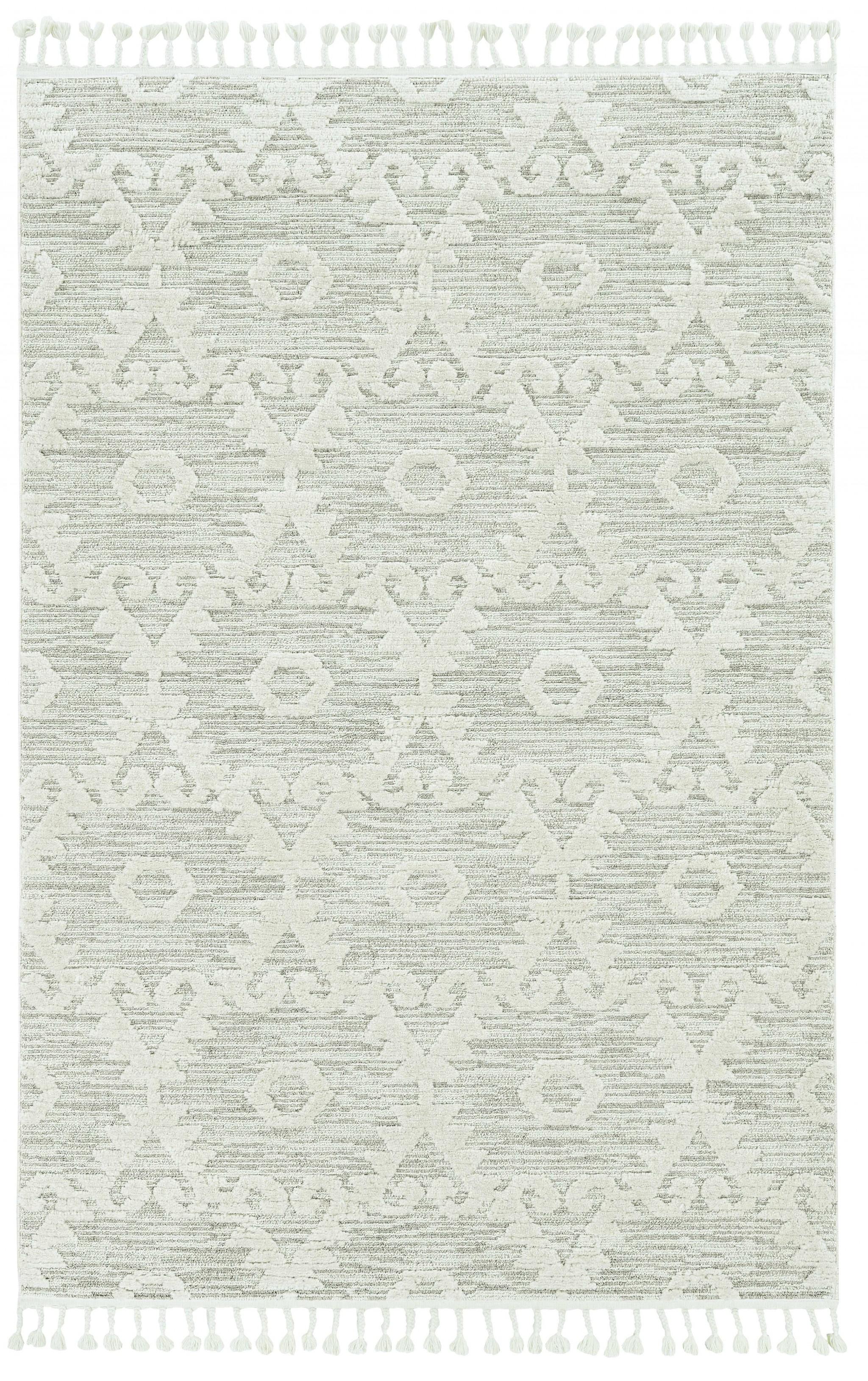5' x 8' Ivory or Beige Geometric Diamond Indoor Area Rug with Fringe