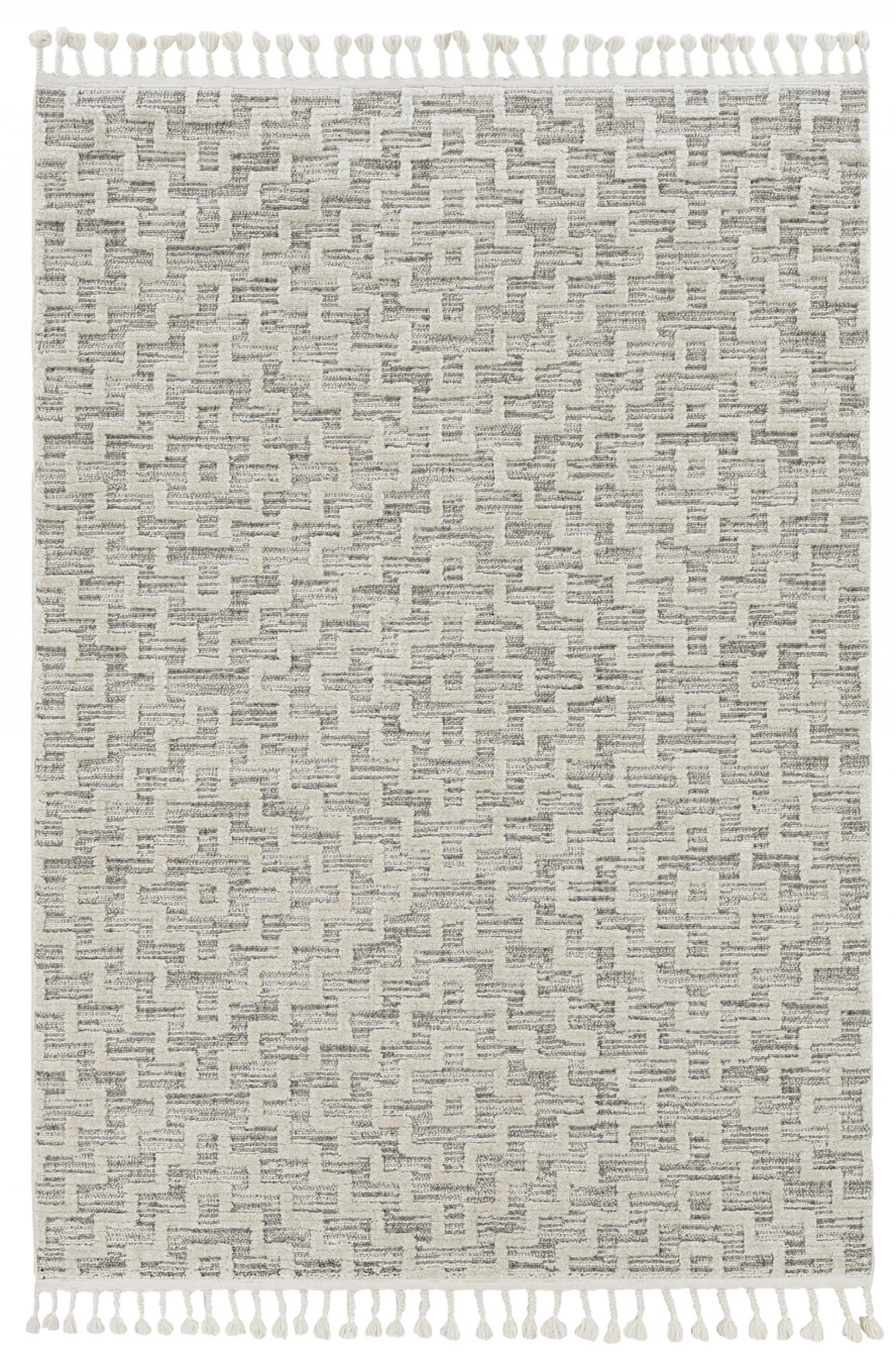 8' Ivory Grey Machine Woven Geometric With Fringe Indoor Runner Rug Default Title
