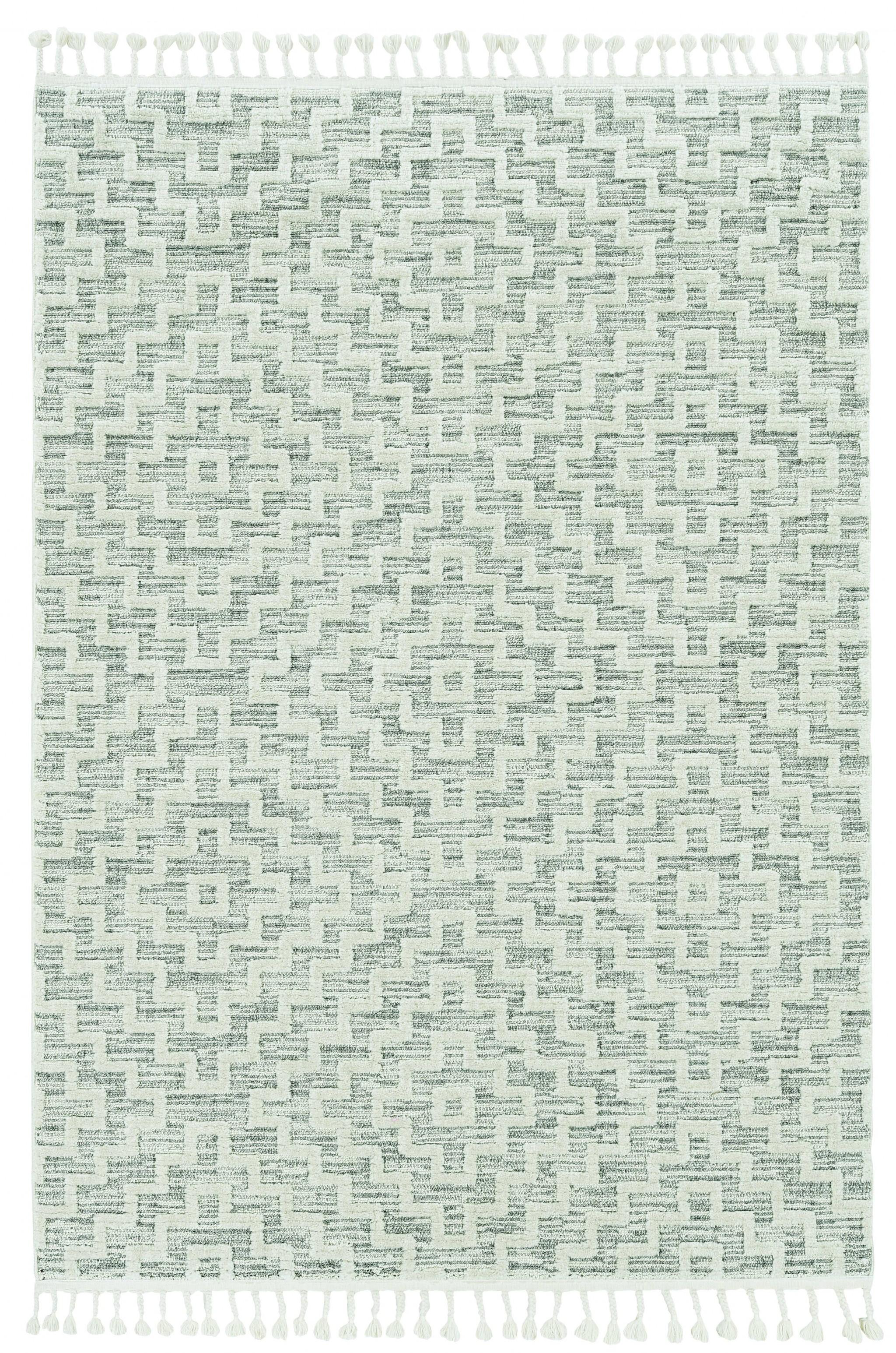 5'x8' Ivory Grey Machine Woven Geometric With Fringe Indoor Area Rug