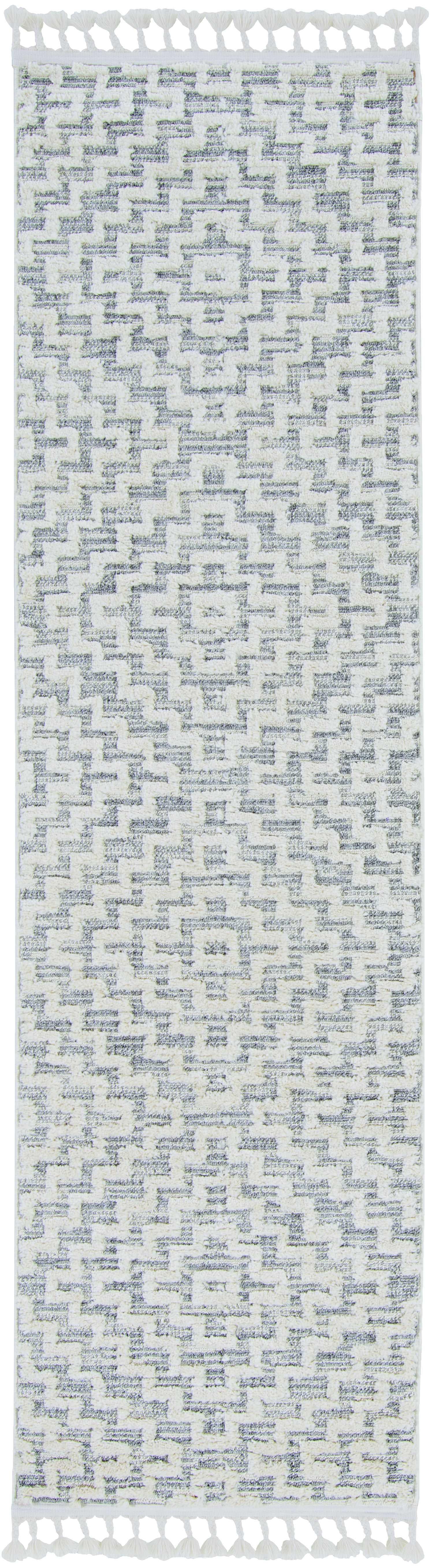 5'x8' Ivory Grey Machine Woven Geometric With Fringe Indoor Area Rug