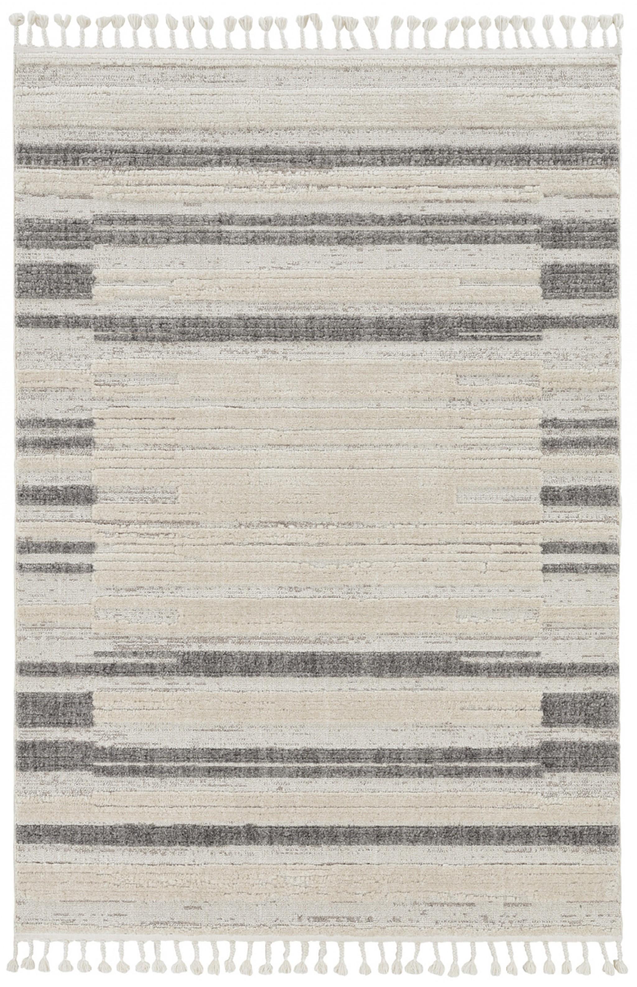 8' Ivory Grey Machine Woven Abstract Lines With Fringe Indoor Runner Rug Default Title