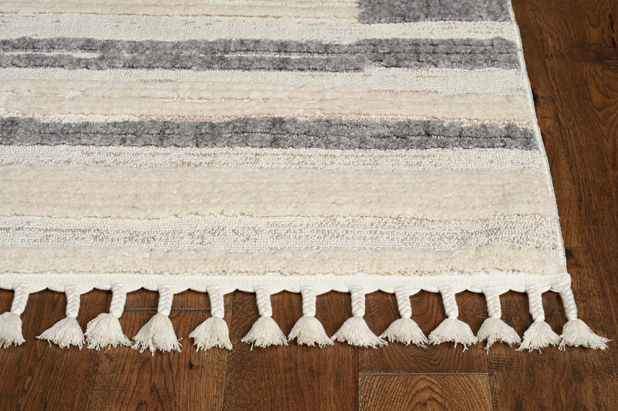 8' Ivory Grey Machine Woven Abstract Lines With Fringe Indoor Runner Rug