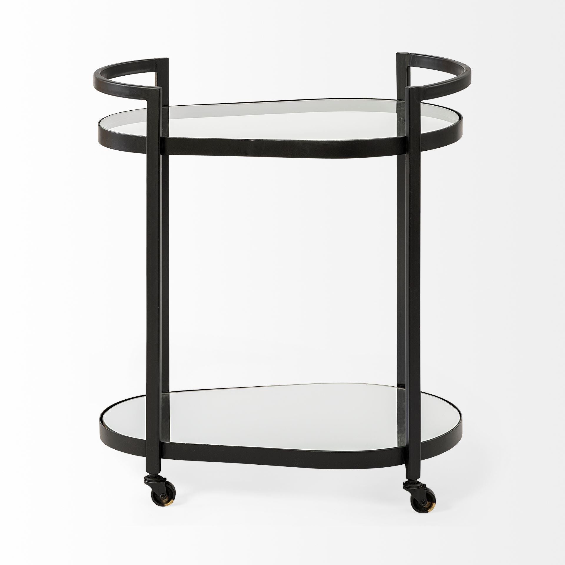 Cyclider Black Metal With Two Mirror Glass Shelves Bar Cart