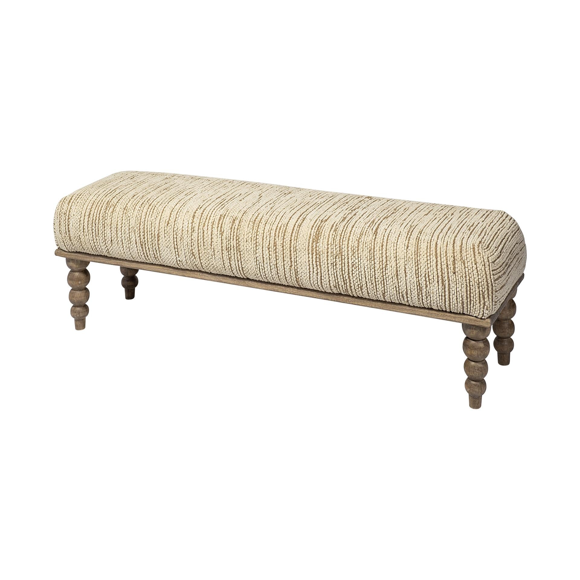 Rectangular Indian Mango WoodNatural-Brown Polished W Upholstered Cream Seat Accent Bench