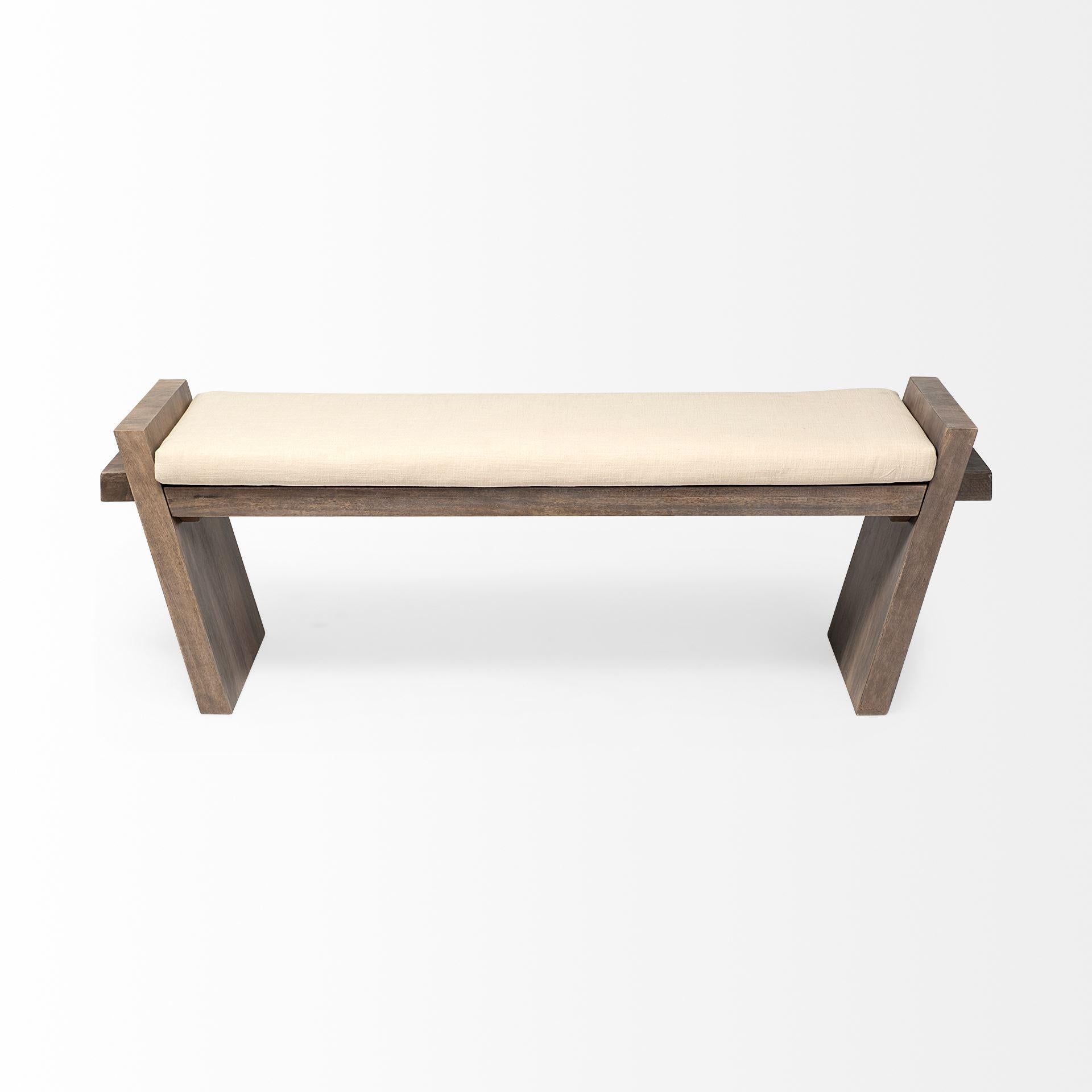 Rectangular Mango Wood Natural Brown Polished with Upholstered Cream Seat Entryway Bench