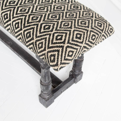 Rectangular Indian Mango Wood Black Base W White Woven Cushion Top Accent Bench