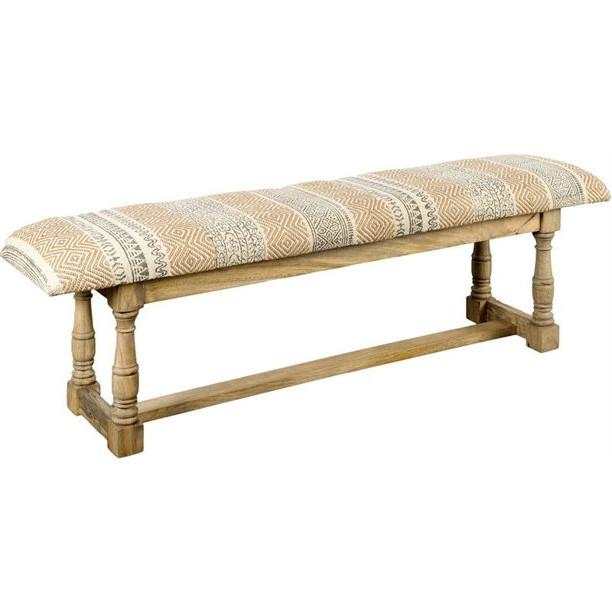 Rectangular Mango Wood Orange and Brown Upholstered Accent Bench