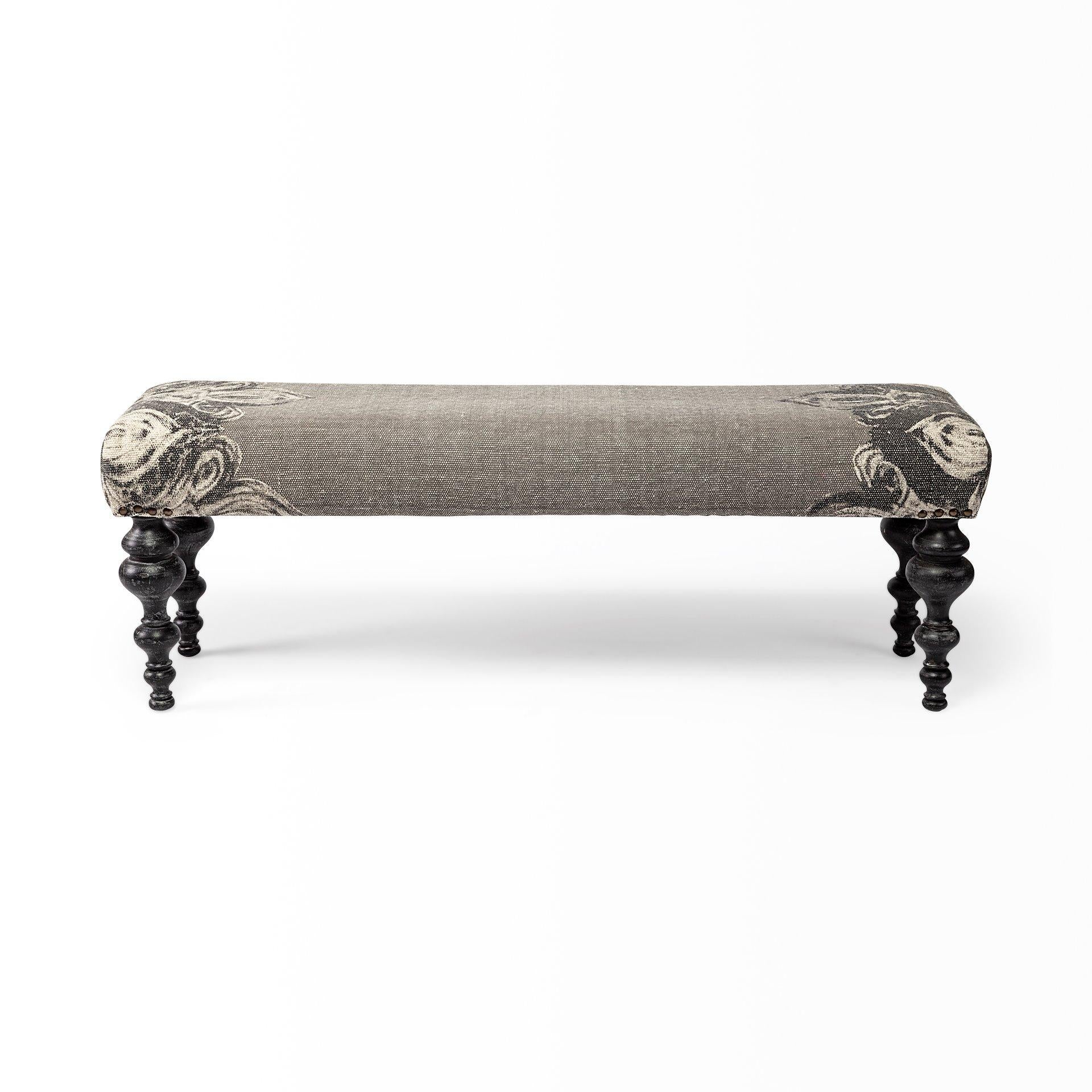 Rectangular Dark Wood and Gray Floral Accent Bench