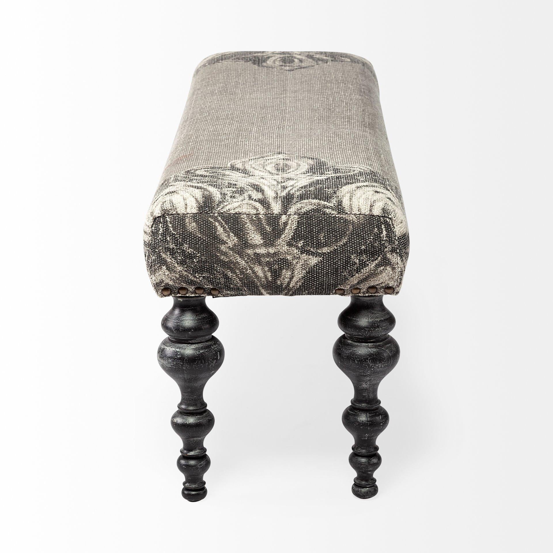 Rectangular Dark Wood and Gray Floral Accent Bench