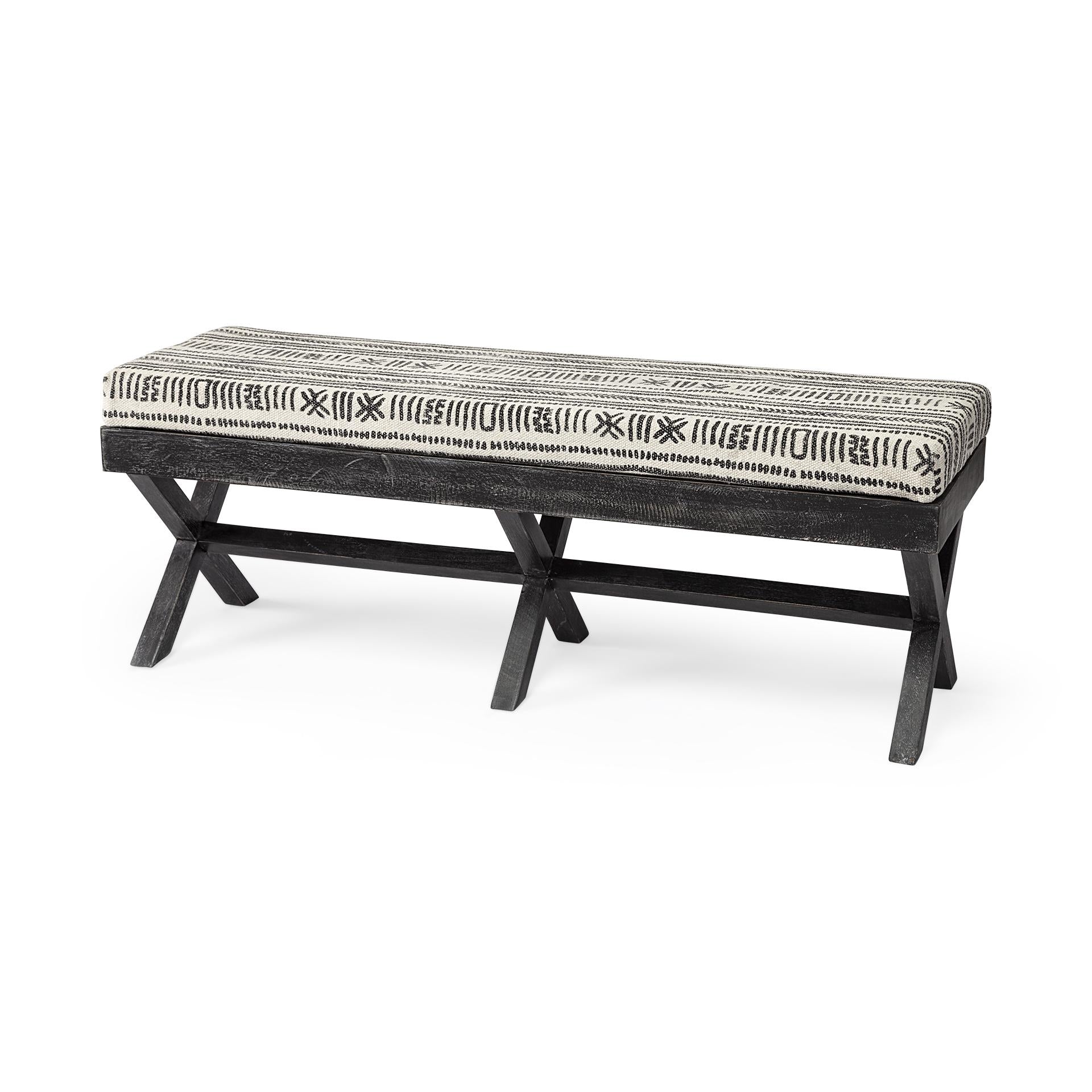 Rectangular Indian Mango WoodDark-Brown Finish W Upholstered Gray And White Patterned Seat Accent Bench