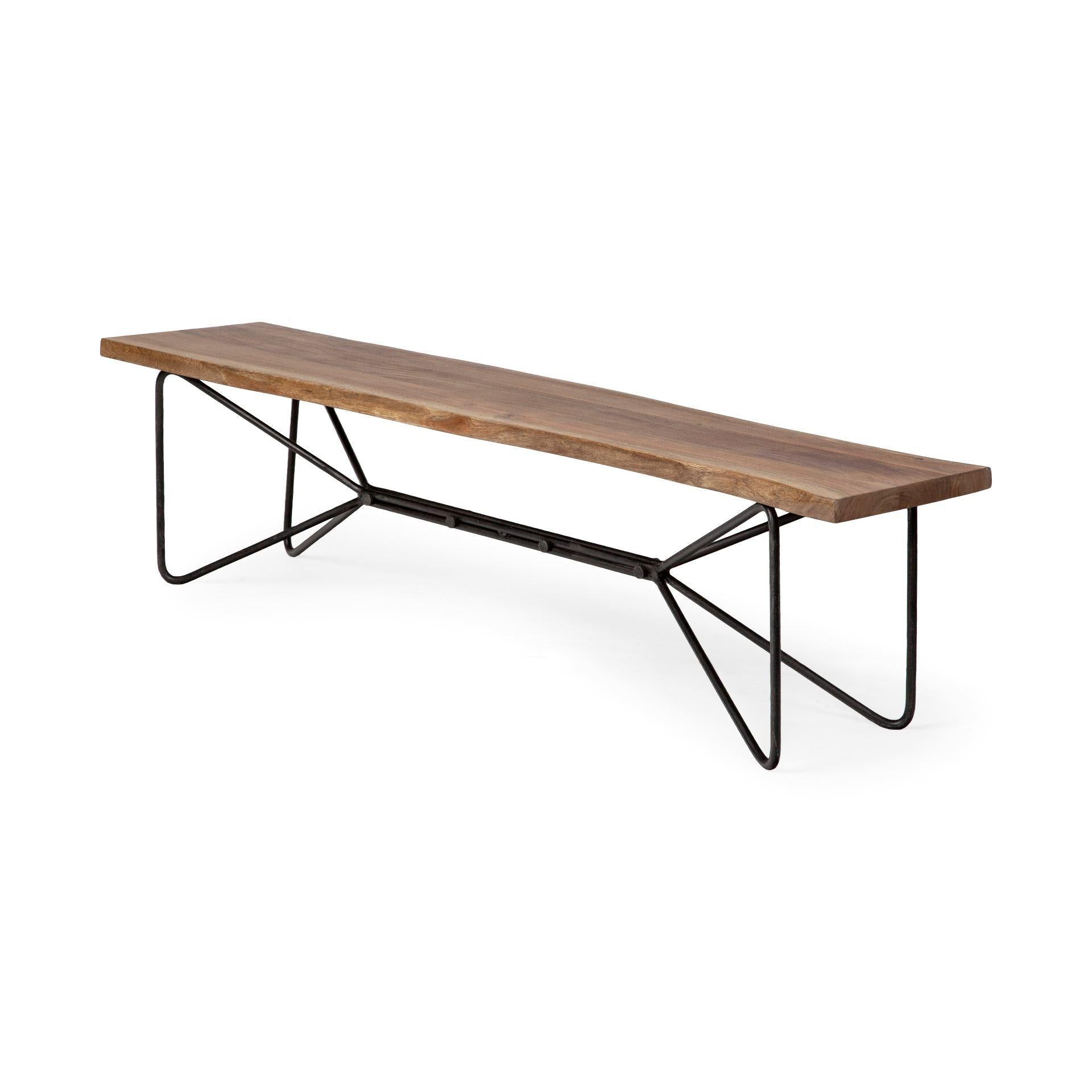 Rectangular Acacia WoodBrown Finish Iron Base Dining Bench