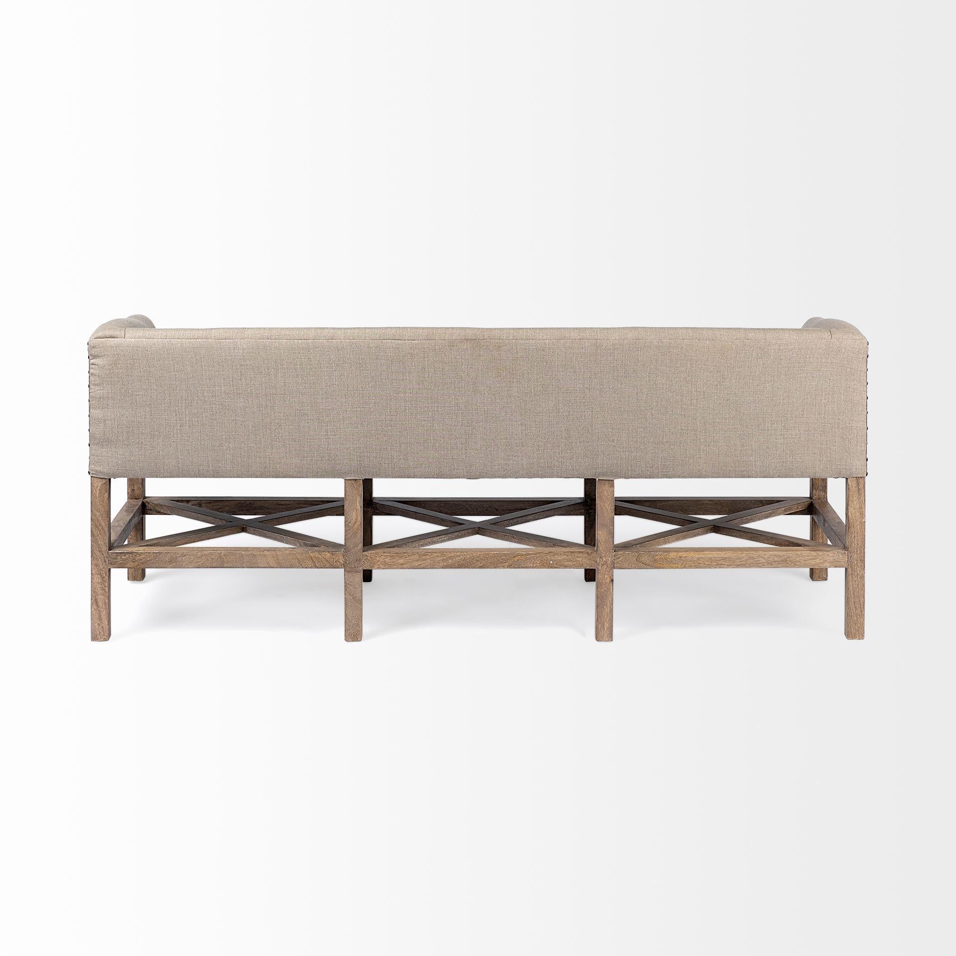 Rectangular Mango WoodLight Brown Finish W Beige Fabric Covered Seat Accent Bench