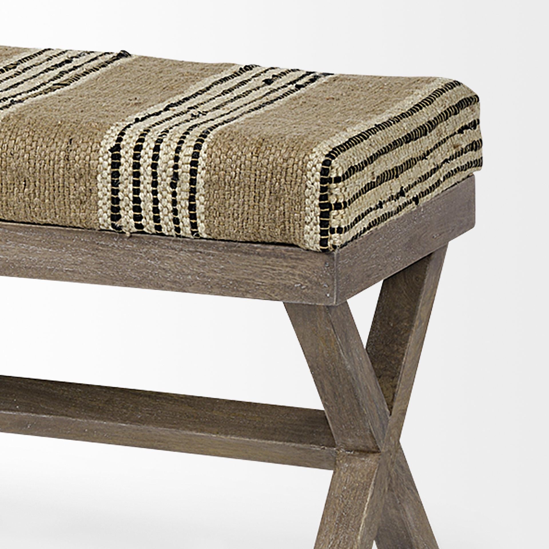 Rectangular Mango Wood Medium Brown Base W Upholstered Beige And Black Stripe Seat Accent Bench