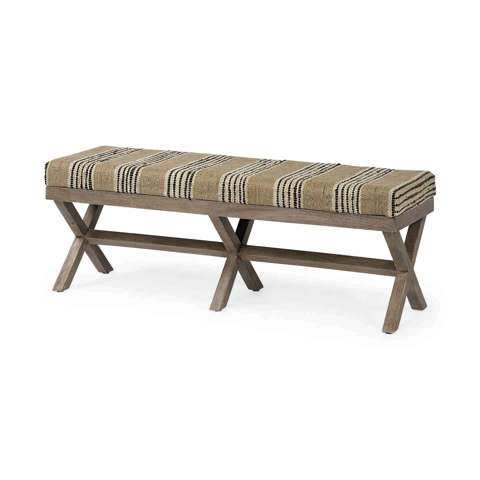 Rectangular Mango Wood Medium Brown Base W Upholstered Beige And Black Stripe Seat Accent Bench