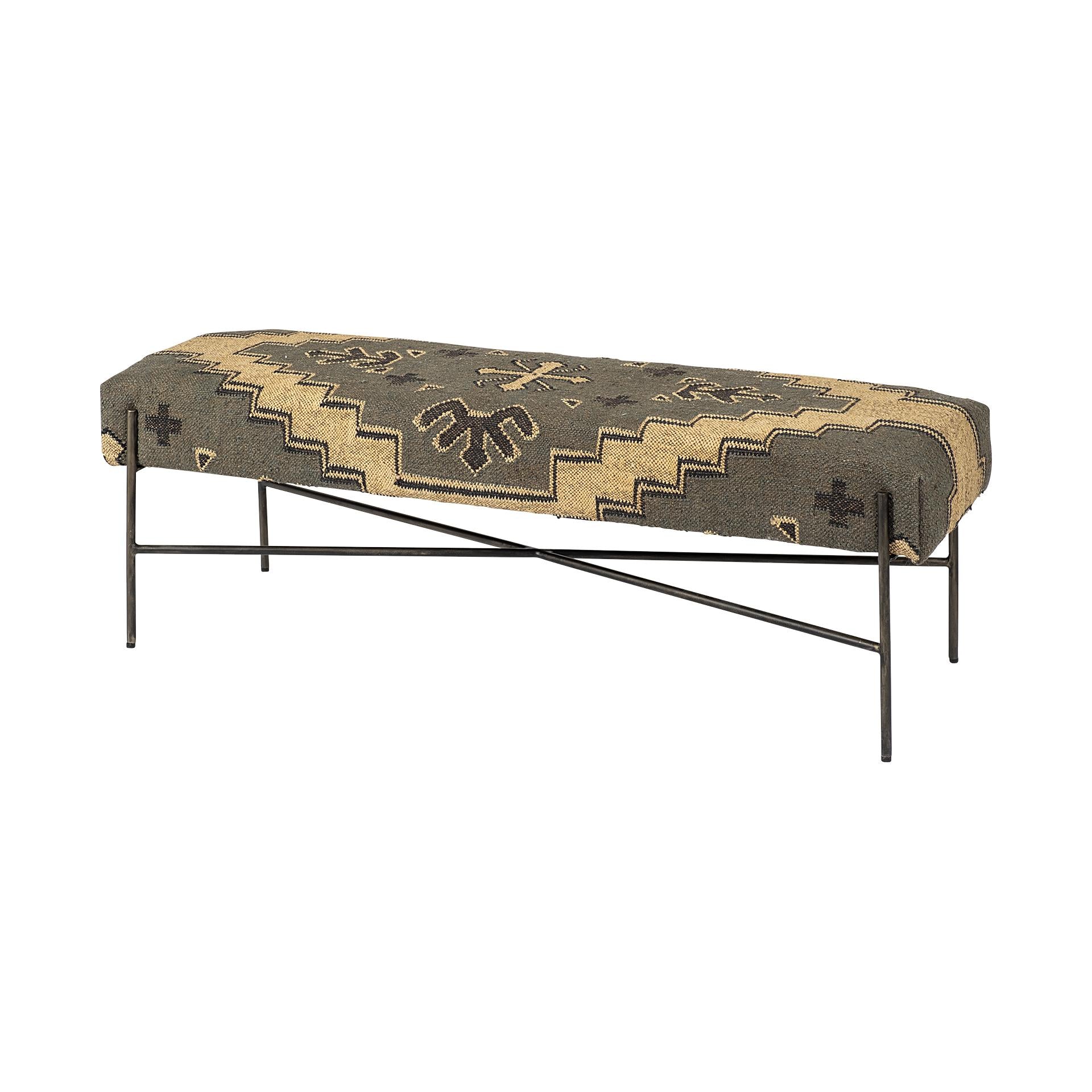 Rectangular MetalAntiqued-Nickel Toned Base W Upholstered Tan Pattered Seat Accent Bench