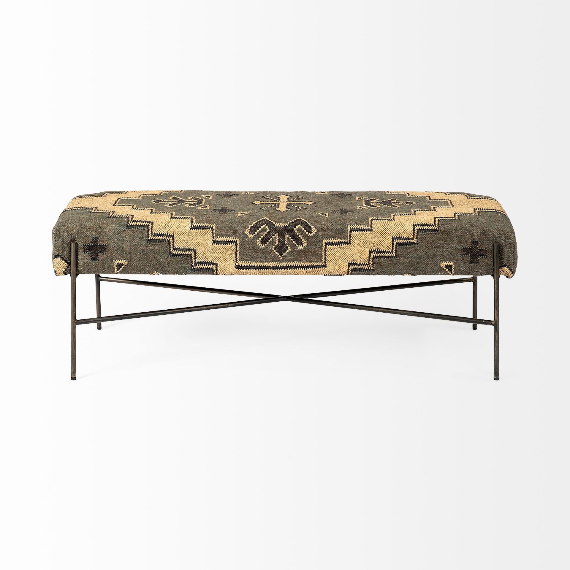 Rectangular MetalAntiqued-Nickel Toned Base W Upholstered Tan Pattered Seat Accent Bench