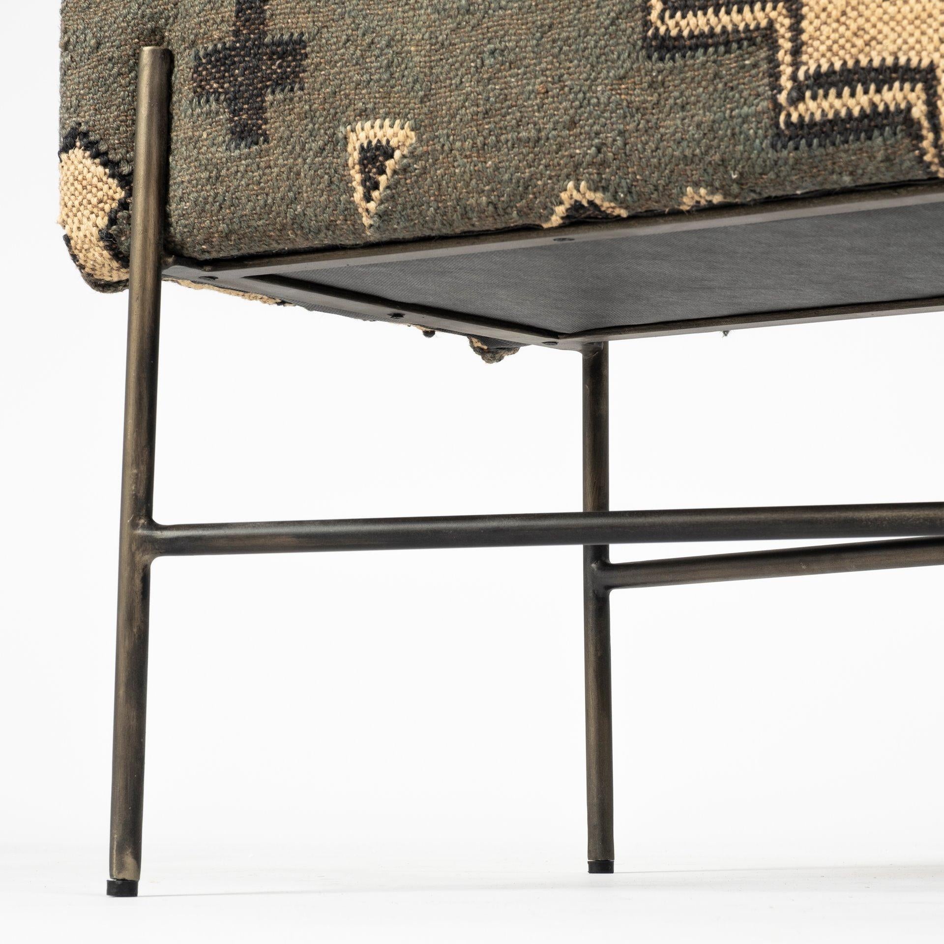 Rectangular MetalAntiqued-Nickel Toned Base W Upholstered Tan Pattered Seat Accent Bench
