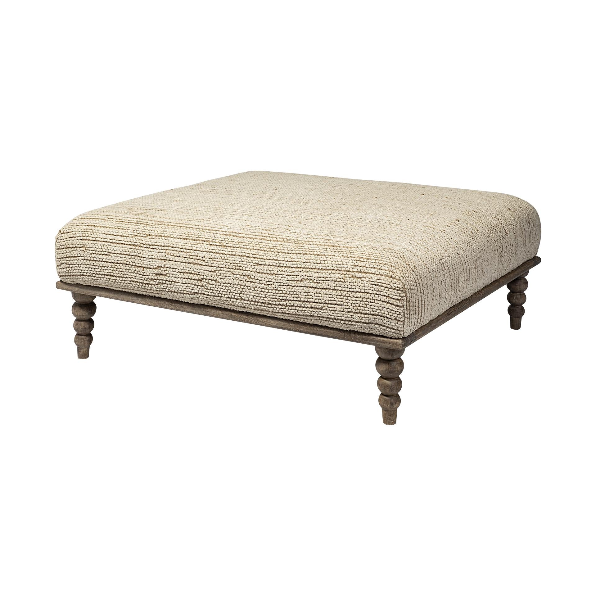 Square Indian Mango WoodNatural-Brown Polished W Upholstered Cream Seat Accent Bench