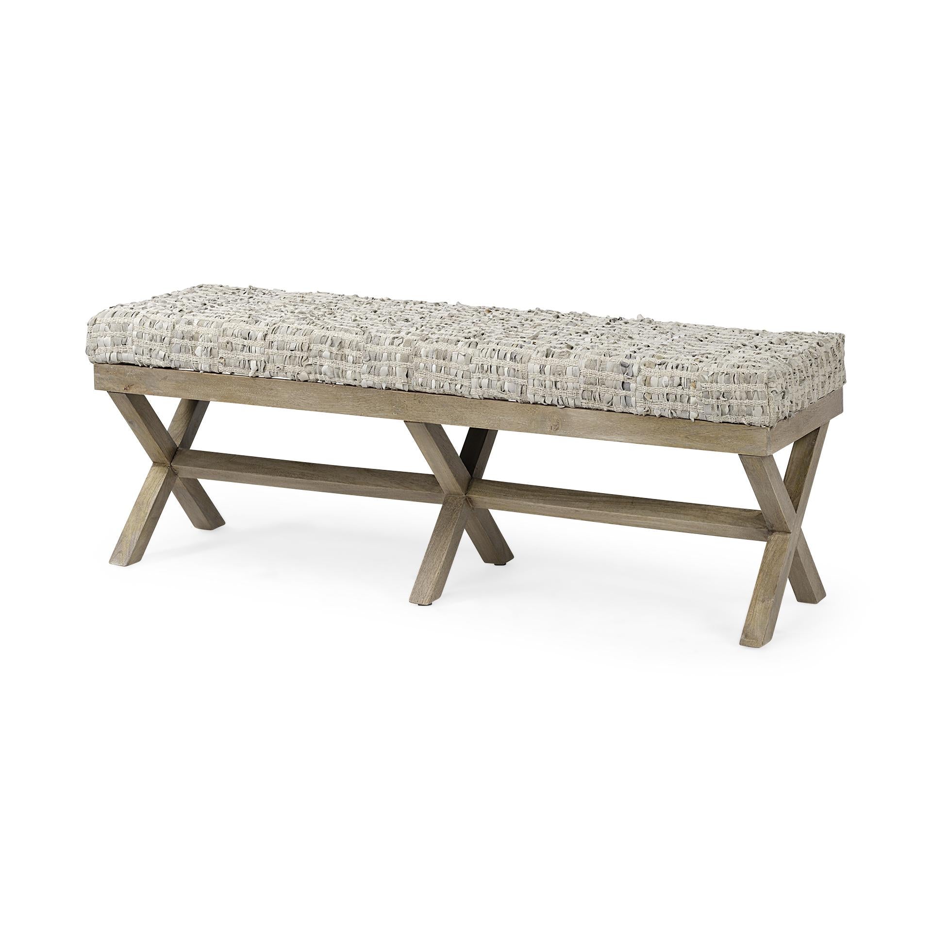 Rectangular Indian Mango Wood Light Brown Base W Beige-Toned Woven Leather Cushion Accent Bench