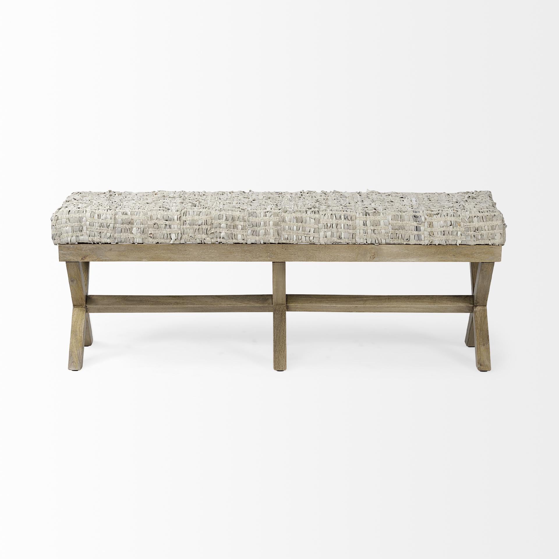 Rectangular Indian Mango Wood Light Brown Base W Beige-Toned Woven Leather Cushion Accent Bench
