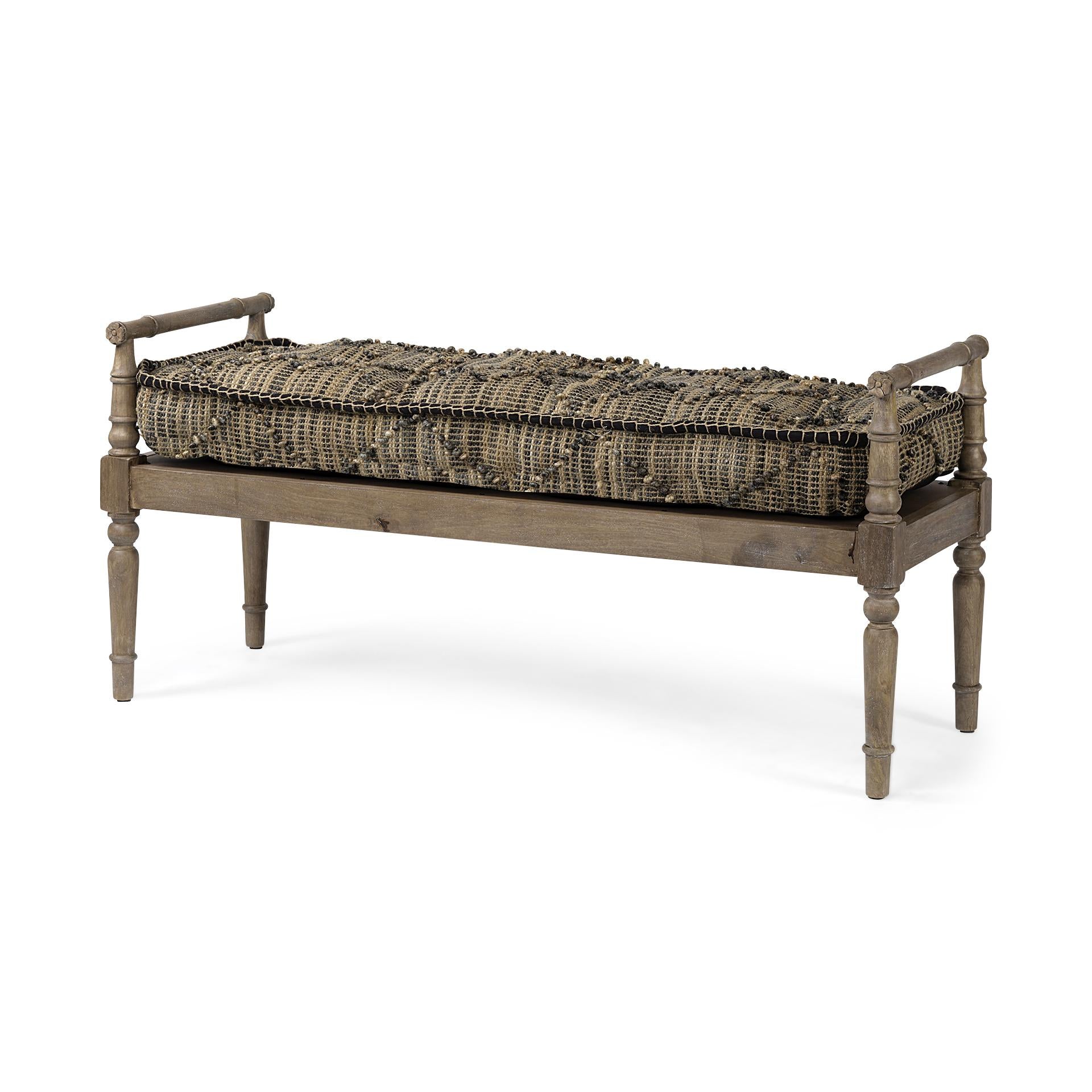 Rectangular Indian Mango WoodLight Brown And Grey W Jute Patterned Top Accent Bench