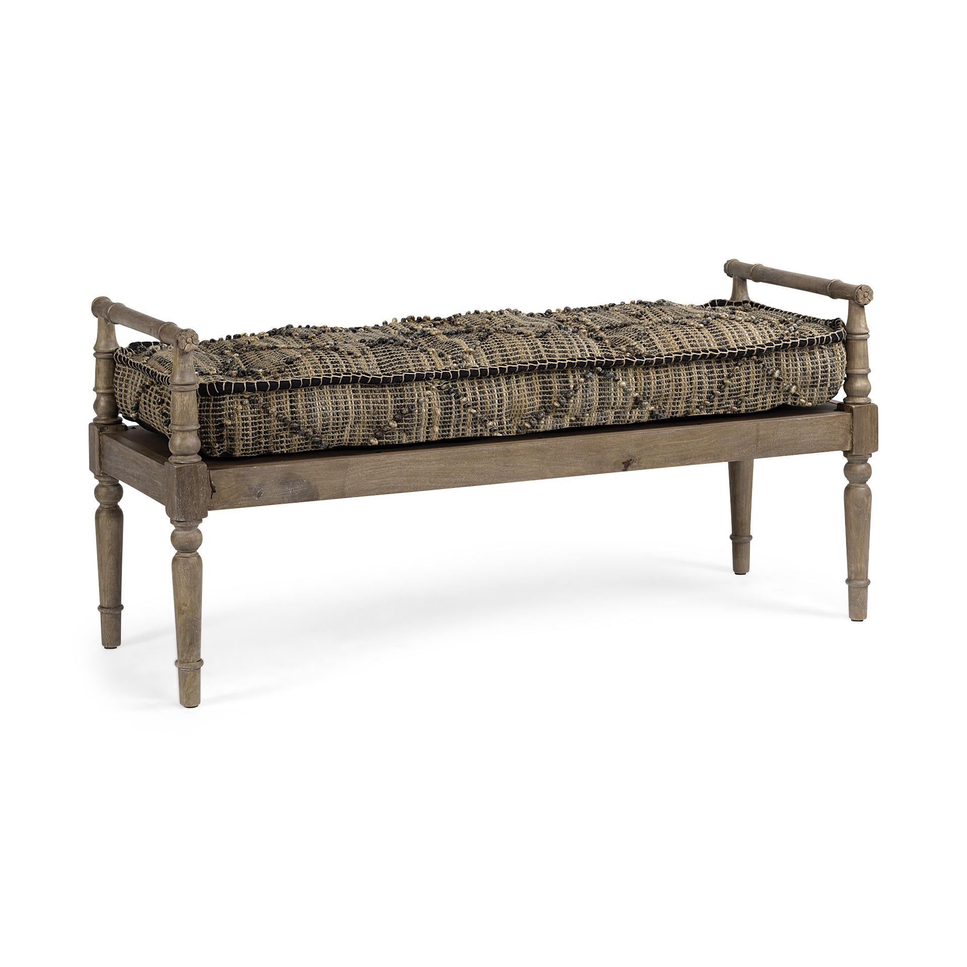 Rectangular Indian Mango WoodLight Brown And Grey W Jute Patterned Top Accent Bench