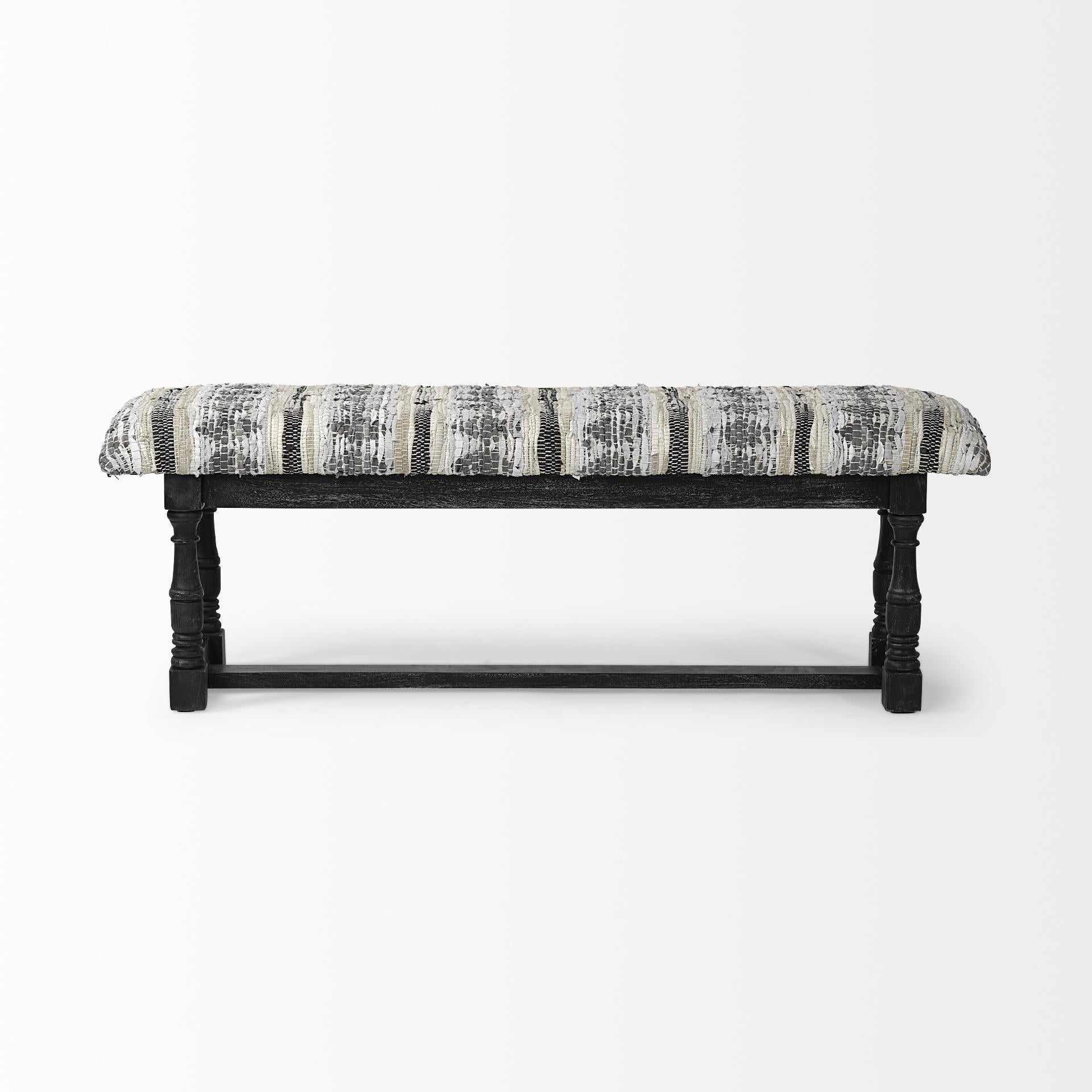 Rectangular Indian Mango WoodBlack W Woven-Leather Cushion Top Accent Bench
