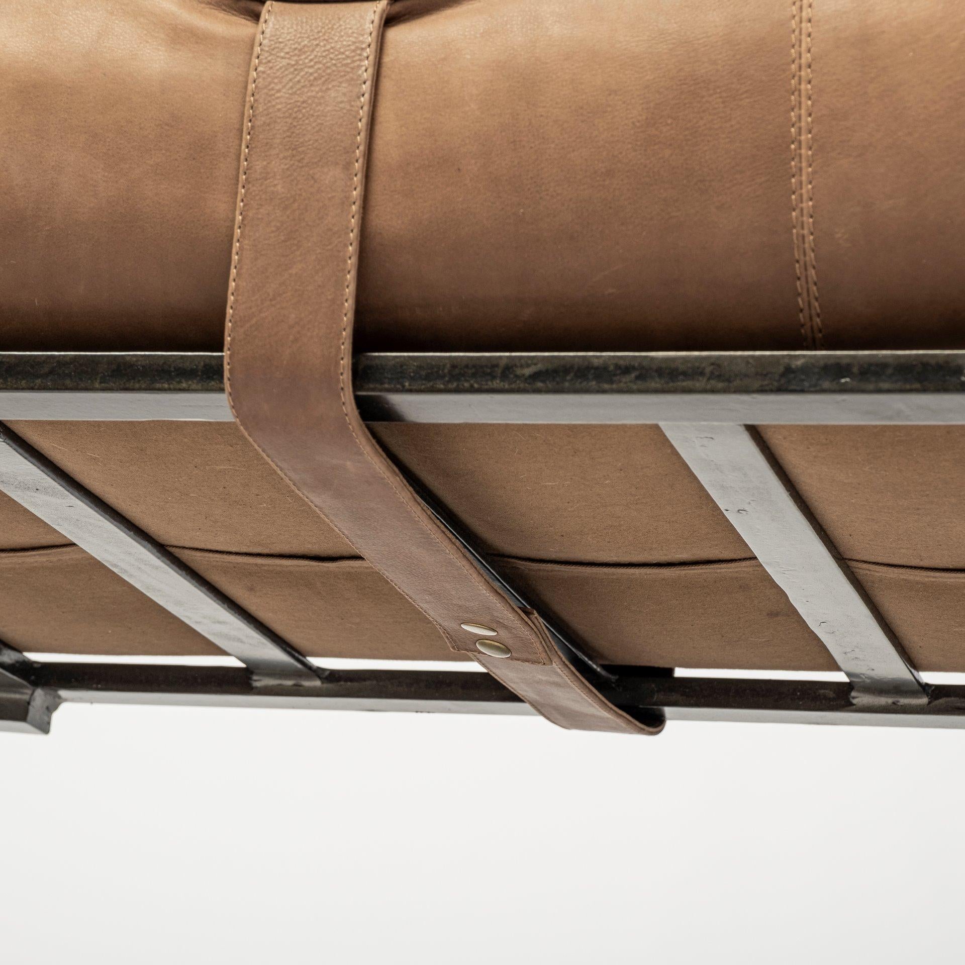 Rectangular MetalMatte-Black Antiqued Brown Genuine Leather Seat Accent Bench
